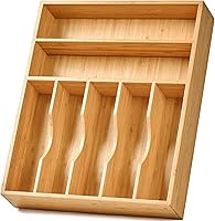 Umilife Bamboo Silverware Organizer Tray - 13x17 Inch Extra Deep 2.5" Drawer Divider, 7-Slot Kitchen Caddy for Flatware, Knives, Forks, Spoons & Utensils