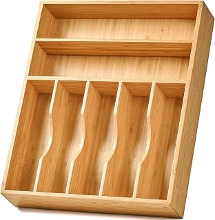 Umilife Bamboo Silverware Organizer Tray - 13x17 Inch Extra Deep 2.5" 7-Slot Drawer Divider for Cutlery, Knives, Forks, Spoons & Utensils