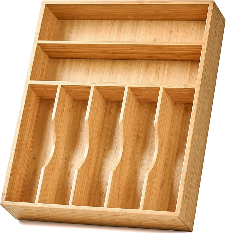 Organizador de cajones de cocina de bambú, soporte para bandeja de cubiertos de 13 pulgadas, divisor de cajón con ranuras extra profundas, carrito de madera de bambú total con 7 ranuras para cubiertos, cuchillos, tenedores, cucharas