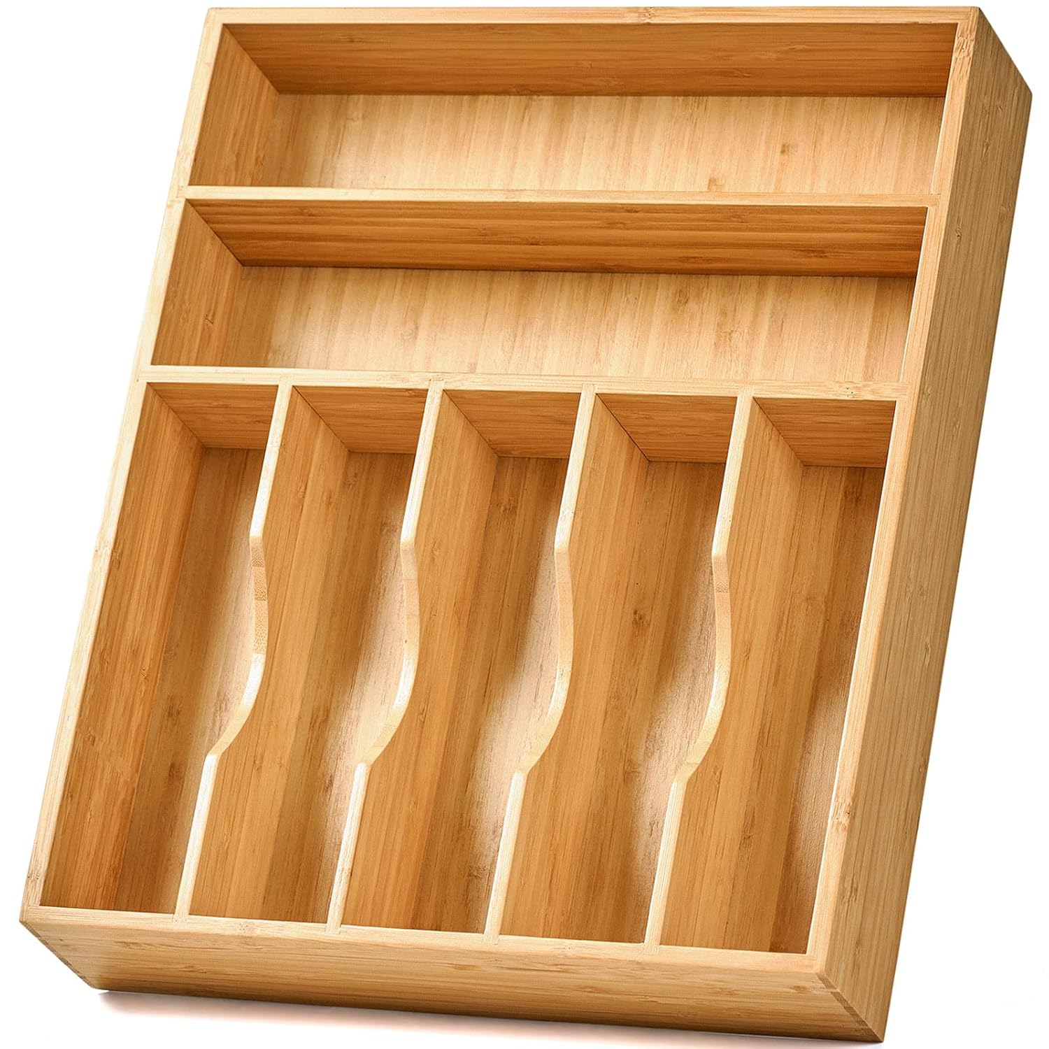 Umilife Bamboo Kitchen Drawer Organizer 13 Inch Silverware Utensil Tray Holder Extra Deep Grooved Drawer Divider 7 Slots