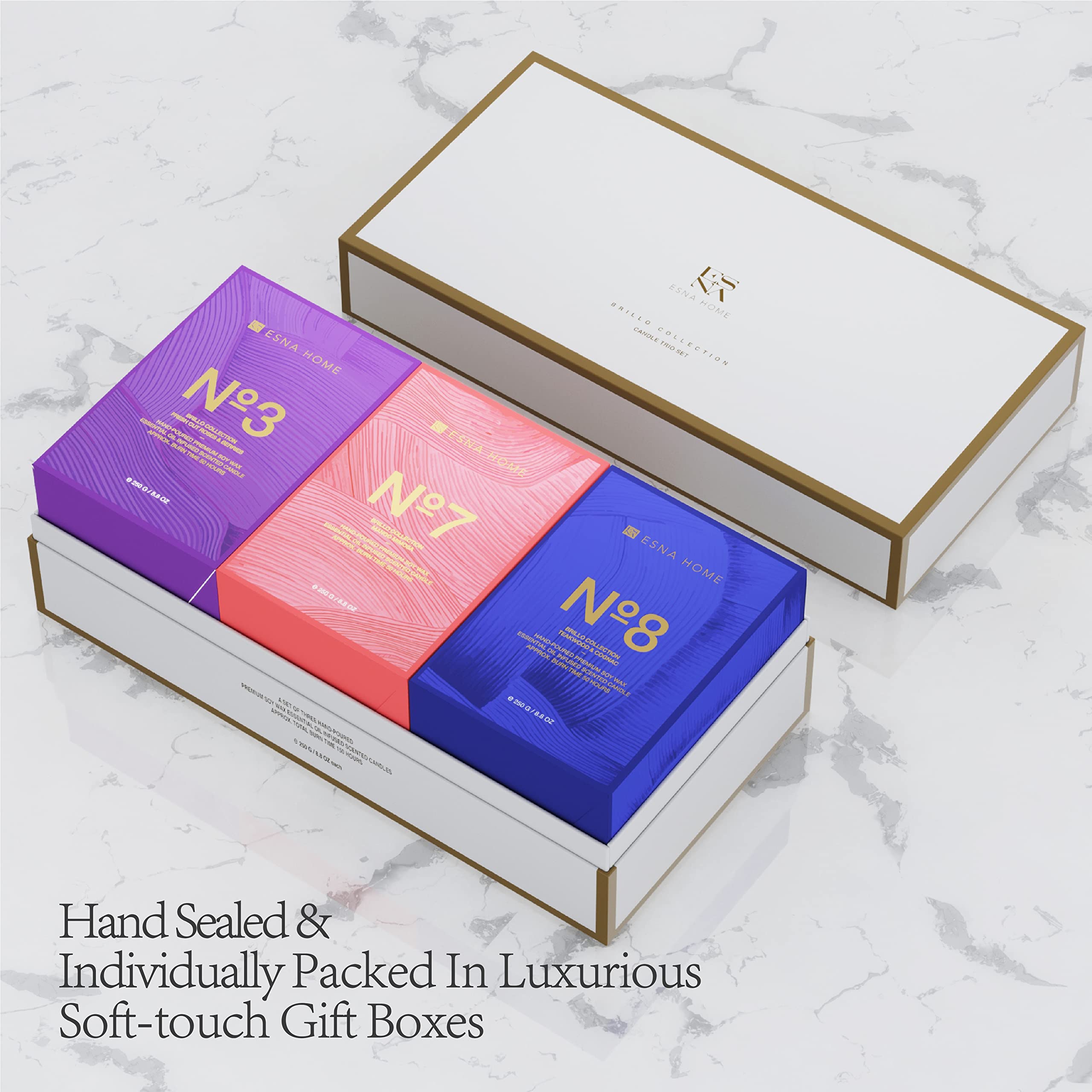 ESNA HOME Luxury Trio - Juego de regalo de temporada, 3 velas aromáticas de soja natural de tamaño completo, 150 horas de combustión limpia, regalos de inauguración de la casa para mujeres