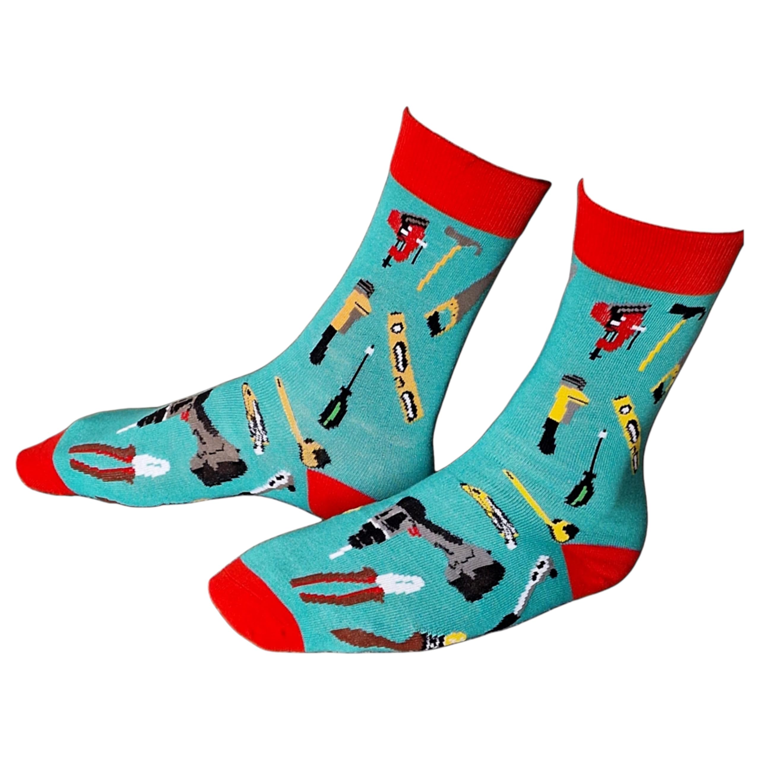 Sock Shack Men's Green Diy Electric Drill Saw Hammer Spirit Level Tradesman Socks One Pair