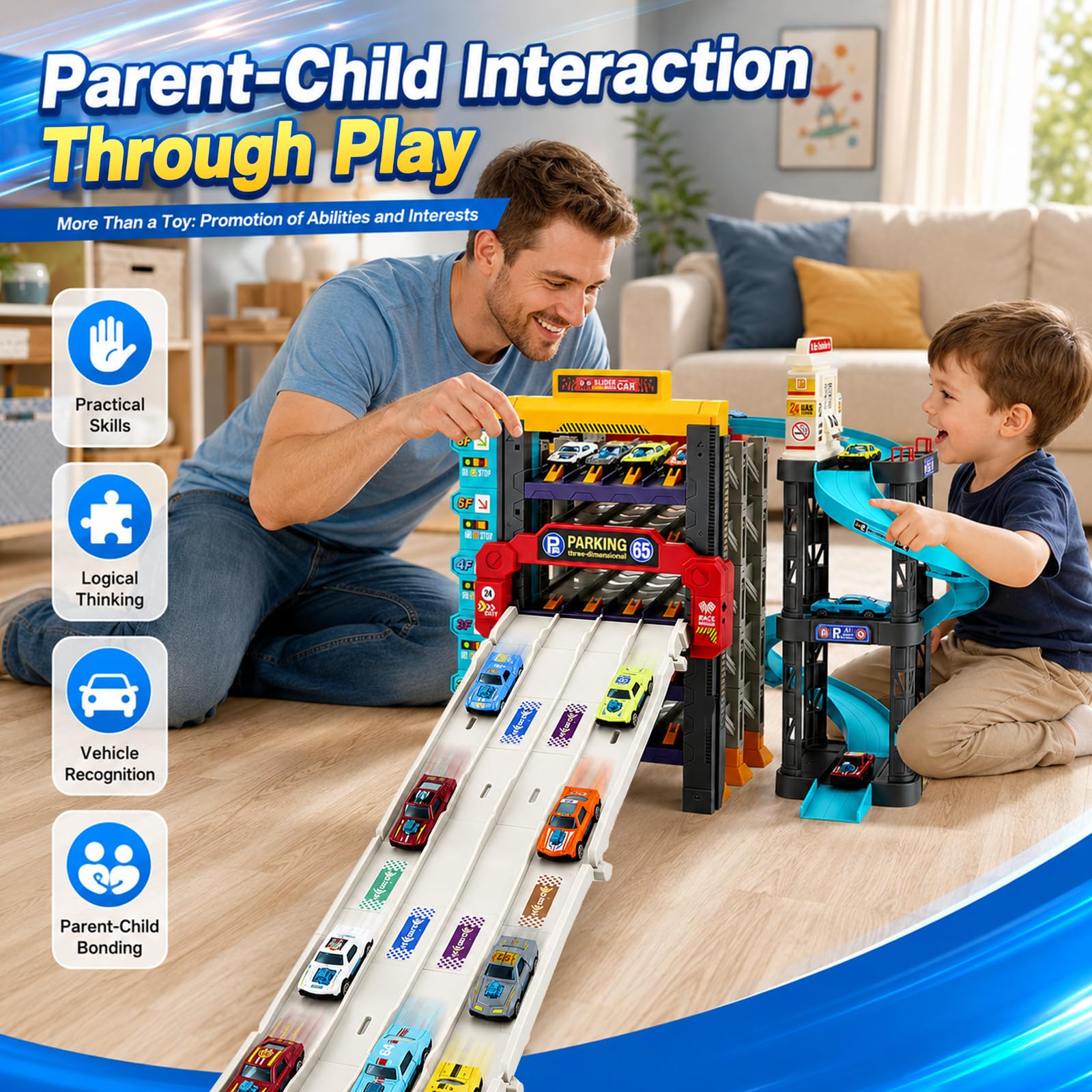 Parcheggio giocattolo per bambini con 5 livelli, seggiolino e stazione di servizio, set da gioco con 8 auto in metallo e elicottero, garage per auto con piazza di atterraggio per elicotteri per