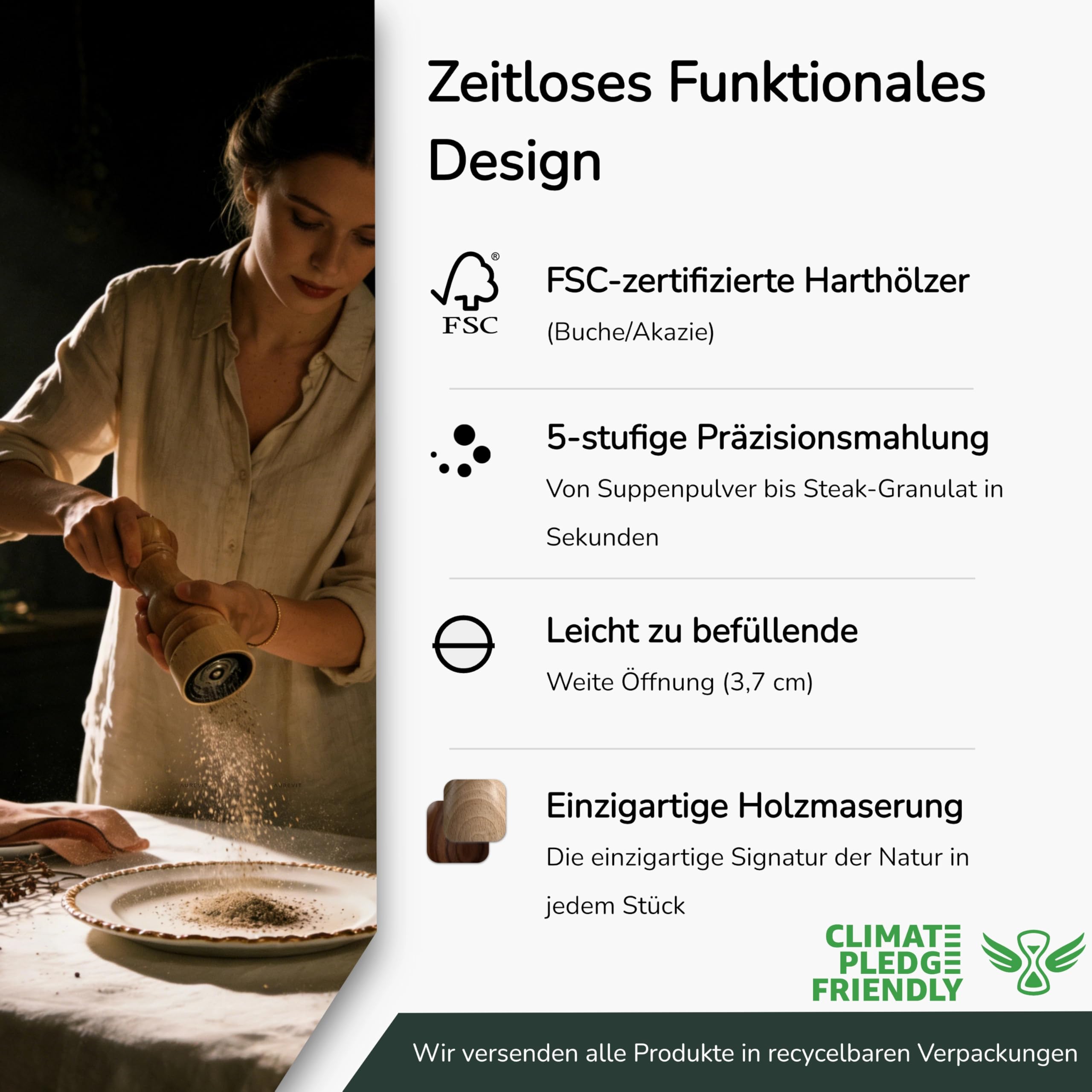 Salz und Pfeffermühle Holz Set, Pfeffer und Salzmühle mit Keramikmahlwerk & Edelstahlkern, Außen einstellbarer Mahlgrad, Manuelle Pfeffermühle, 23 cm (Akazienholz)