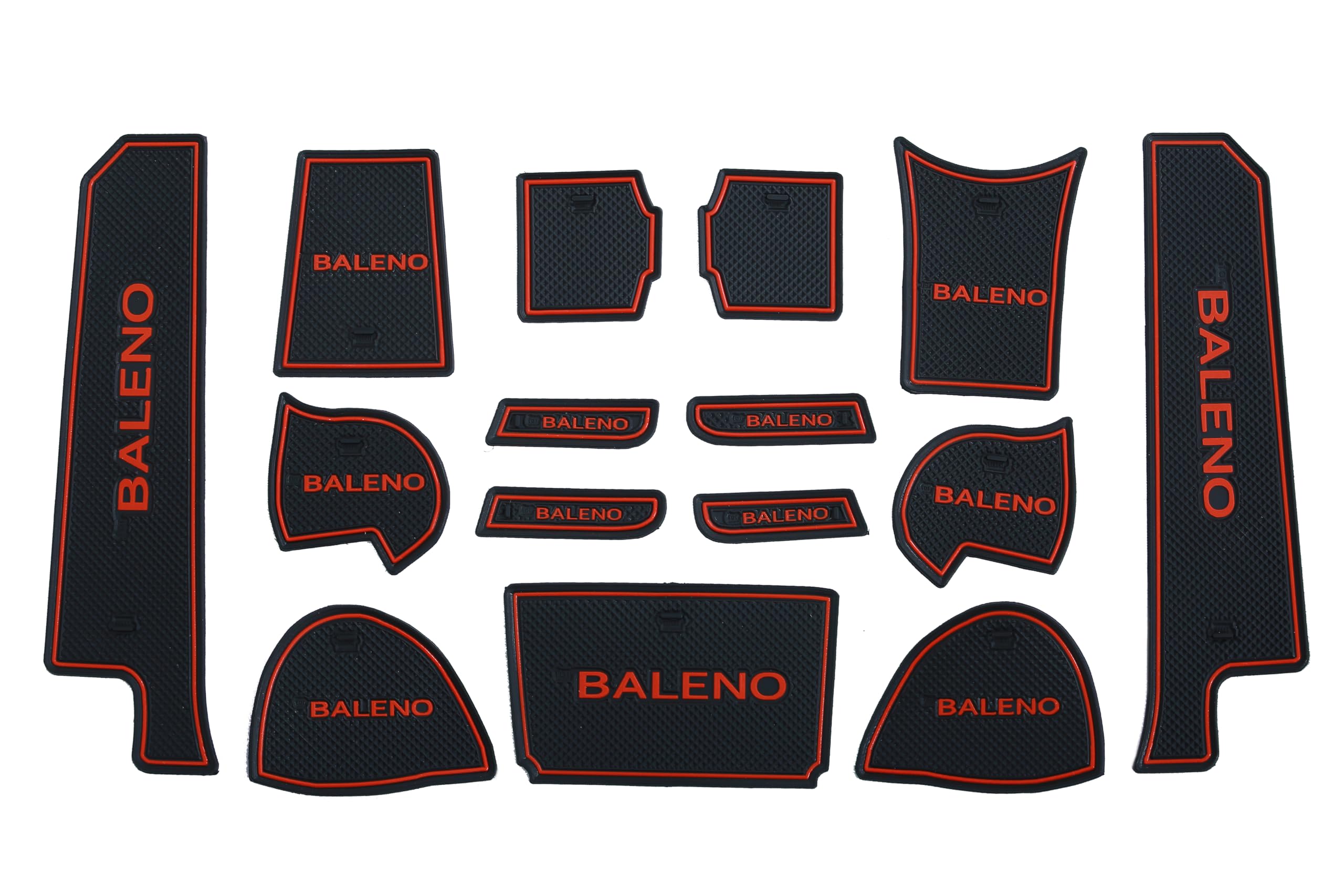 Door Cup Mats for Maruti Suzuki Baleno 2015 to 2021 Models Only, Premium Interior Car Accessories Set of 15 Pieces (Red Trim)