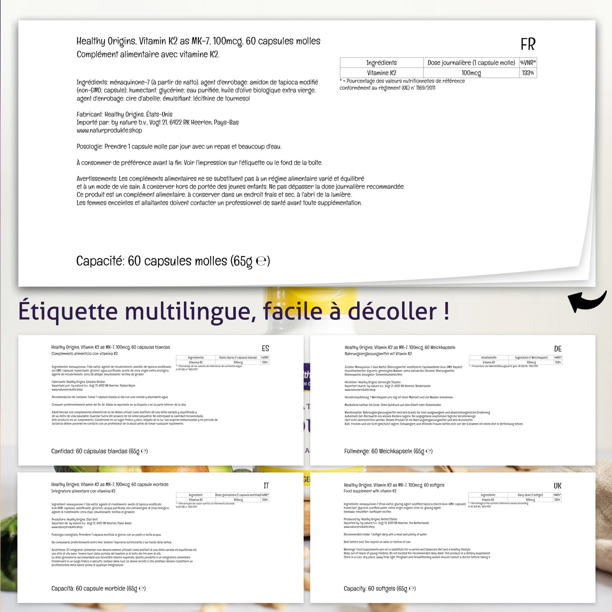 Healthy Origins, Vitamine K2 MK-7, 100mcg, à Base de Natto, 60 Capsules, Sans Gluten, Sans Soja, Sans OGM