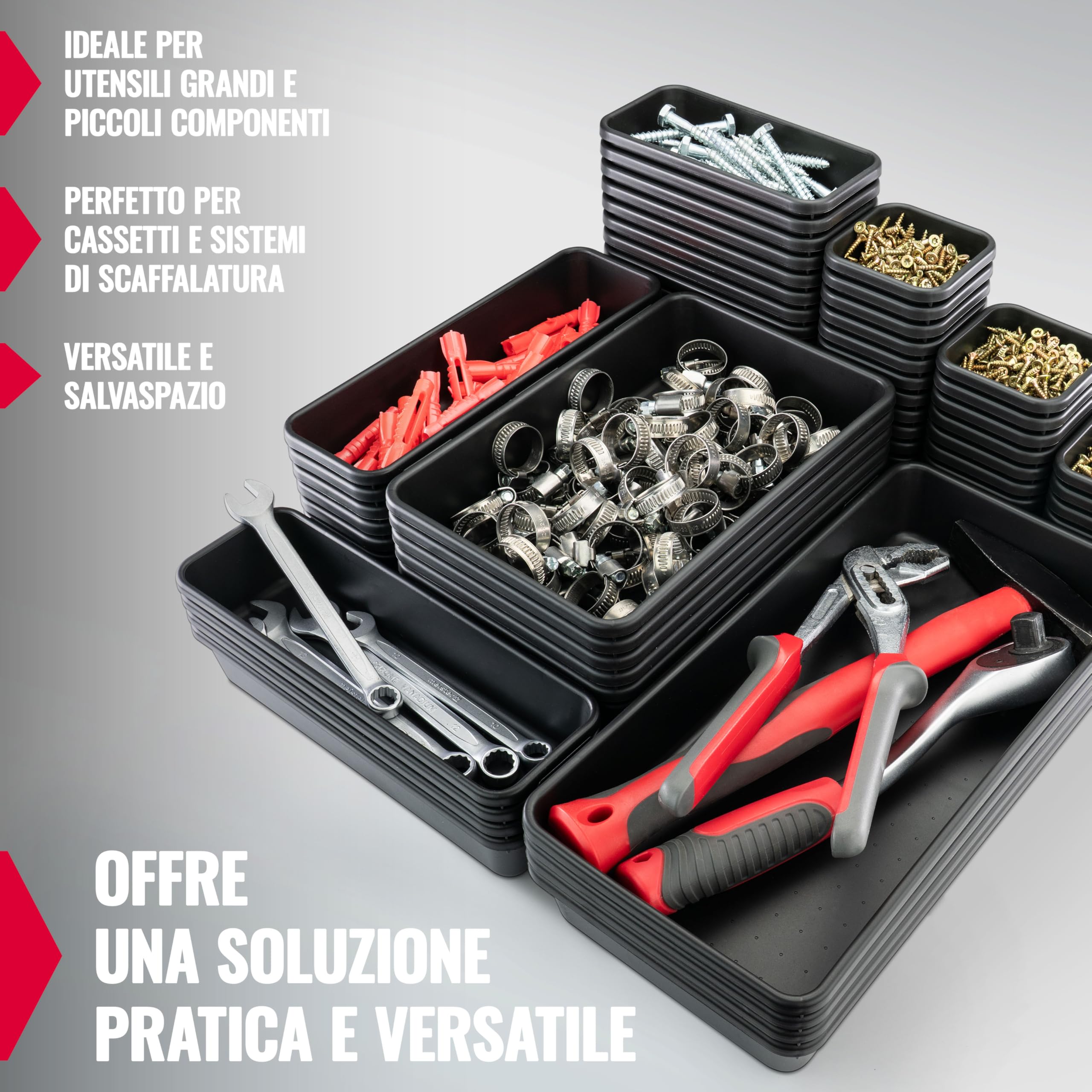 POPPSTAR 69x Organizer per cassetti da officina - ufficio, 5 grandezze diverse, plastica, nero