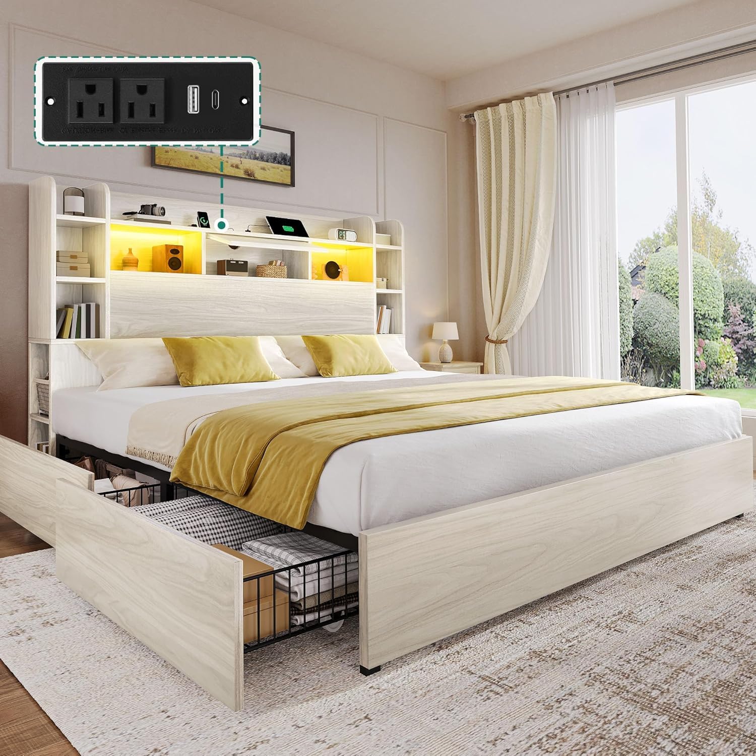 DWVO King Size Bed Frame with Bookcase Headboard and 4 Storage Drawers, RGB LED Bed Frame with Type-C & USB Charging Station Storage Headboard Bed, No