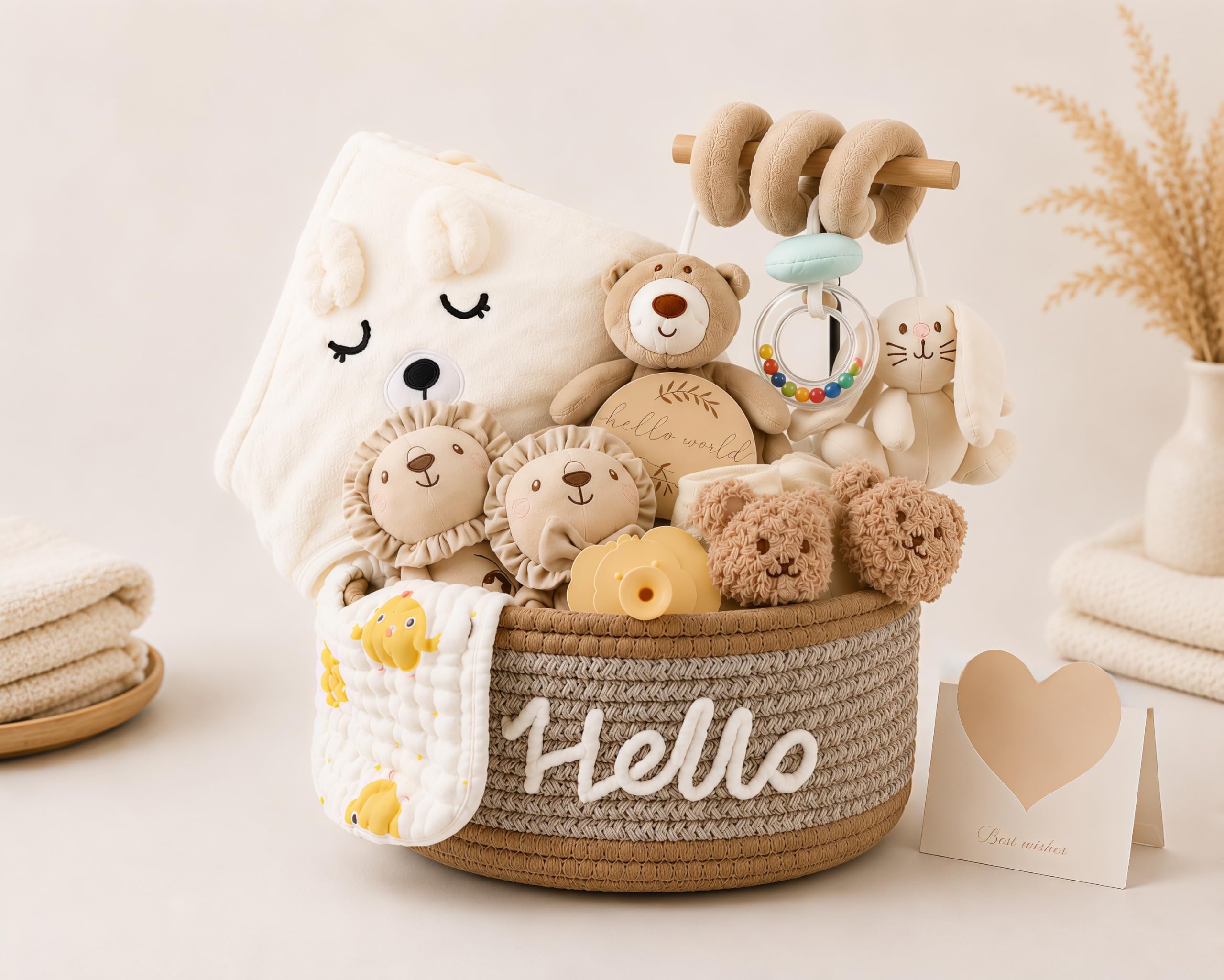 Regalo per nascita per bambini o bambine, 11 pezzi, con asciugamano con cappuccio, sonaglio, giocattolo per passeggino e cestino portaoggetti, regali per nascita per baby shower