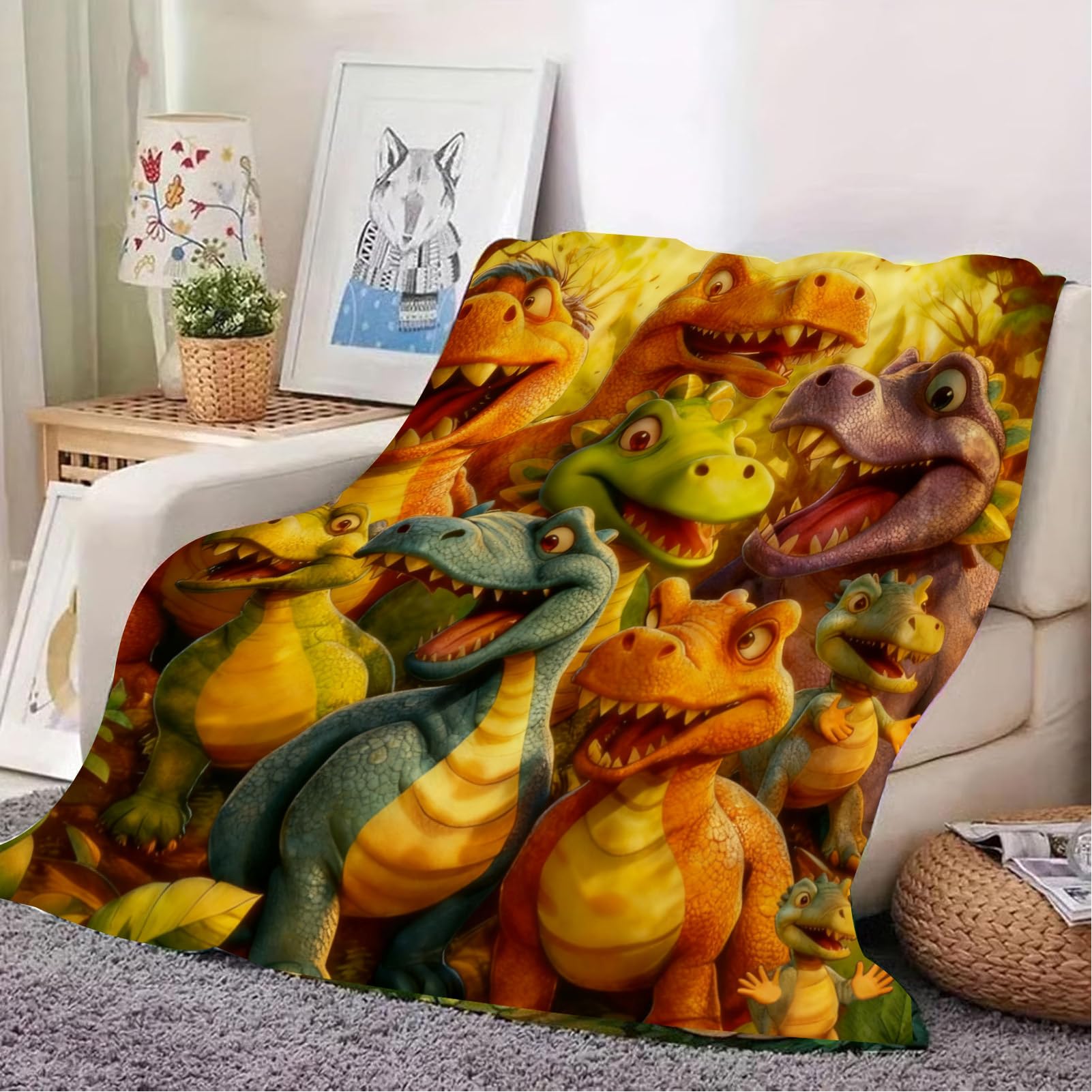 Kocyk flanelowy Uśmiechający się dinozaur HD, druk cyfrowy HD, 150 x 130 cm miękki koc flanelowy z nadrukiem zwierzęcym | na sofę, kącik do czytania, sypialni, biura, domu, podróży