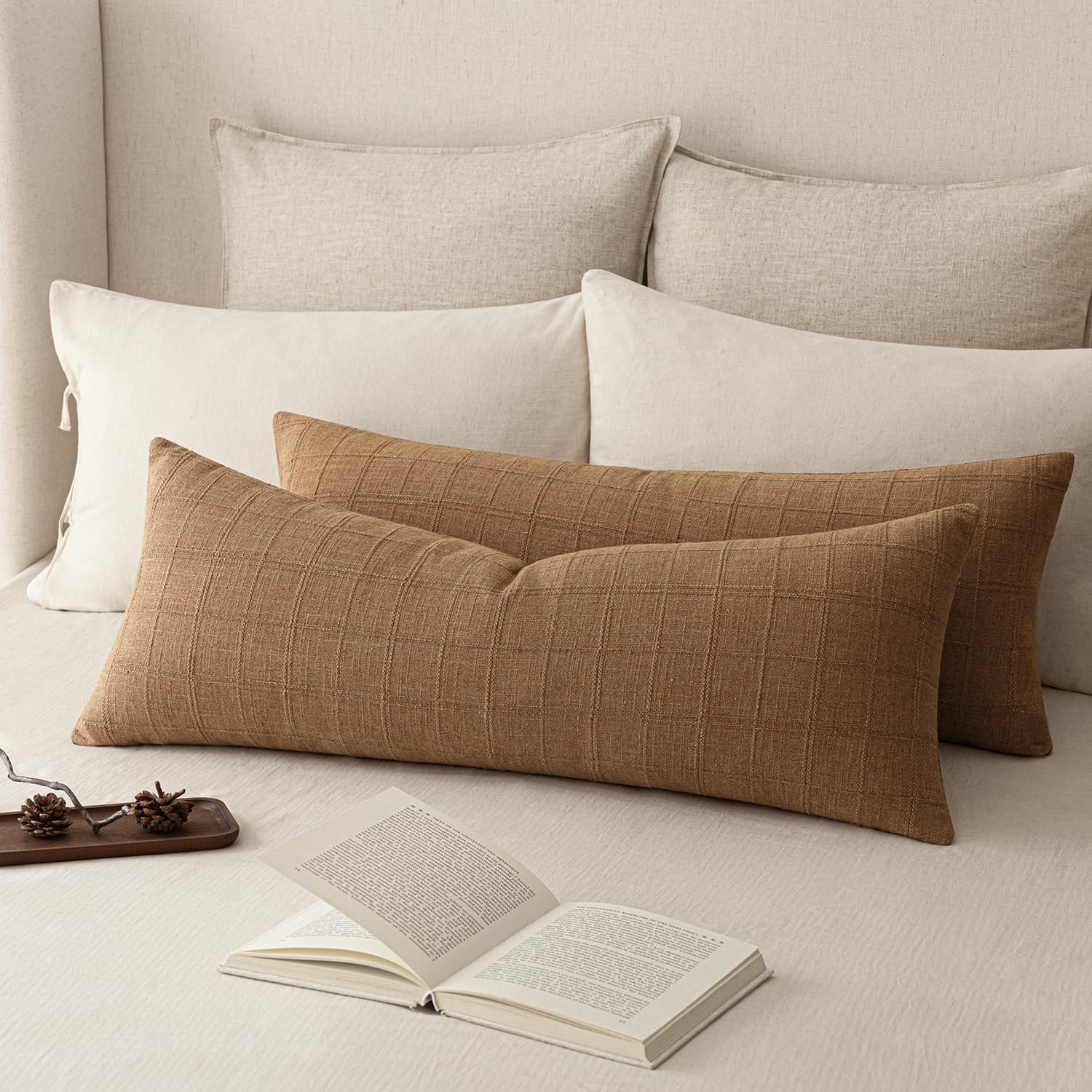 Foindtower Long Linen Check Lumbar Throw Pillow Cover 14×36 Cream White