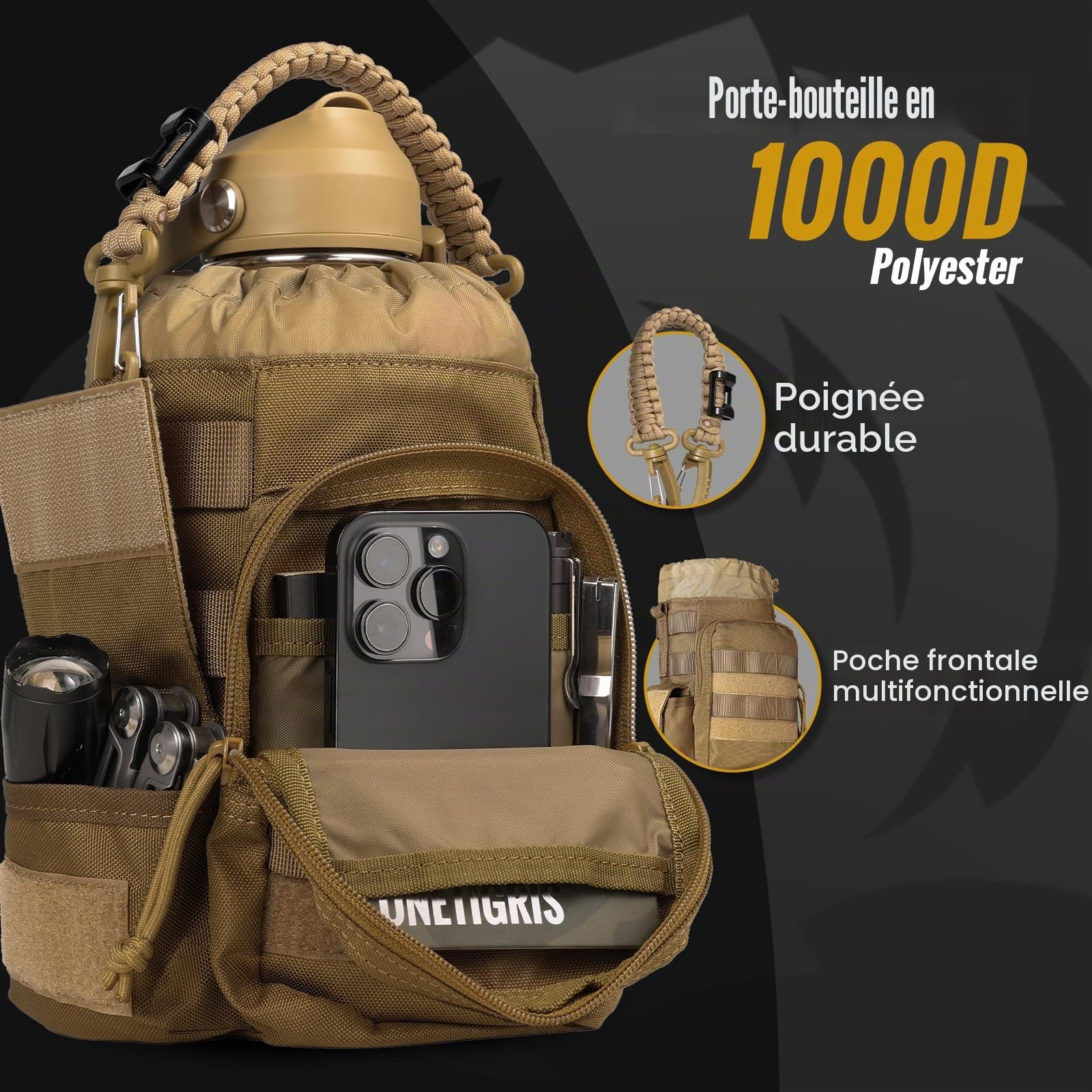 OneTigris Gourde en acier inoxydable, bouteille d'eau 2L haute capacité, bouteille de sport avec un bon effet isolant pour vélo, camping, yoga, salle de sport, airsoft, Camouflage Brun Coyote, 64OZ