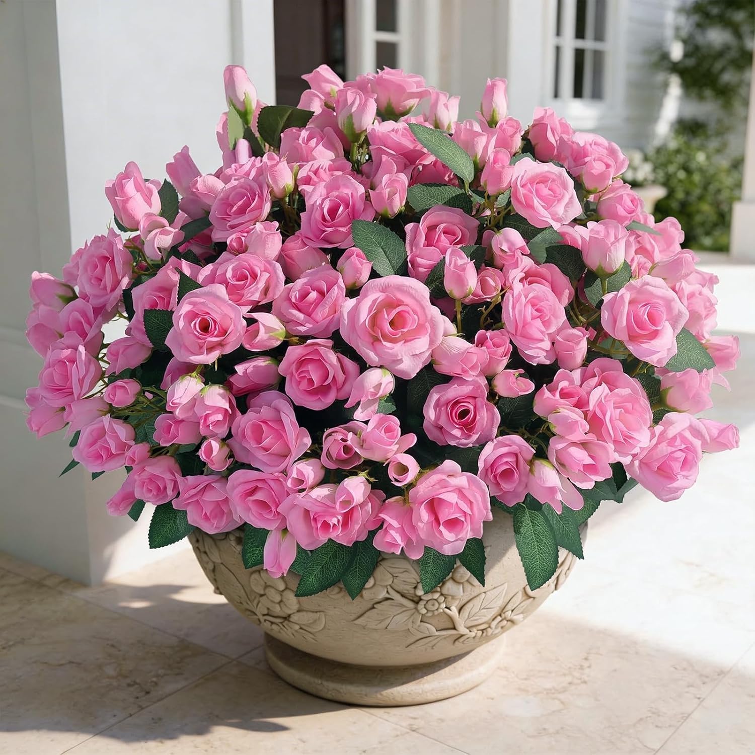 16 bundles artificial roses for front door outdoor decor, realistic fake silk bouquets flowers faux uv resistant real looking rose plants for garden balcony farmhouse home spring summer decor (pink) 16 pink