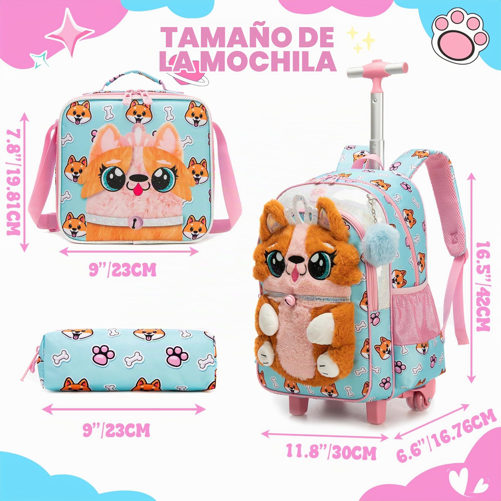 HTgroce Mochilas Escolares Niña con Ruedas, Mochilas Trolley Escolares 3 en 1 Bolsa de Estuche 7 años