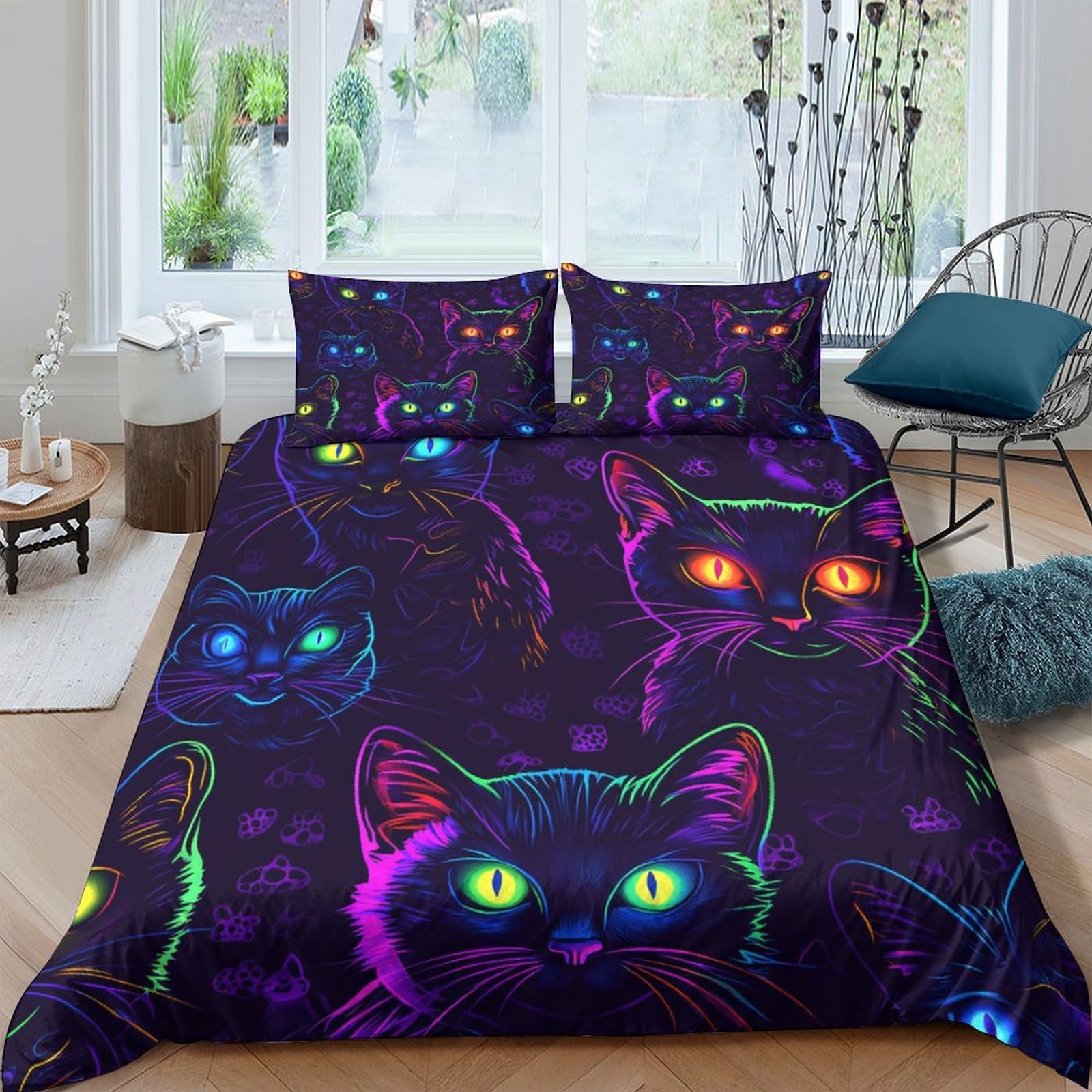 P5V6M1Q9 3D Printed Neon Cat Duvet Cover Microfiber Soft Breathable Glow Eyes Bedding Set with 2 Pillowcases for Bedroom Decor Single（135x200cm）