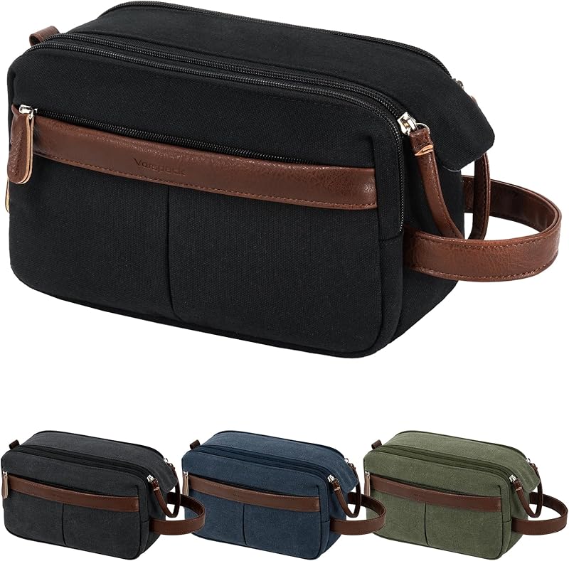 Neceser de viaje de lona para hombre y mujer, mediano, negro | Bolsa de viaje resistente al agua para artículos de tocador, apertura amplia, con bolsillo húmedo, organizador de baño para afeitado, aseo y cuidado de la piel