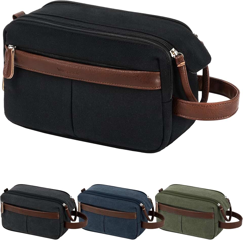 Canvas Toiletry Bag for Men - Water Resistant Travel Bag for Toiletries, Bathroom Essentials, Accessories - Black