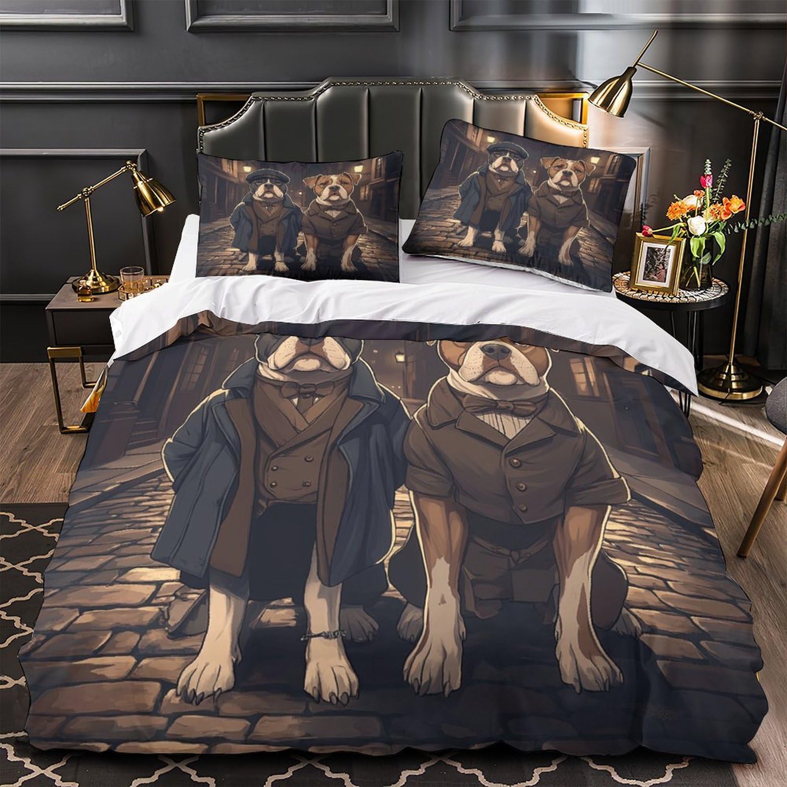 Housse de couette duo de chiens vintage 3D microfibre super king 260x220cm