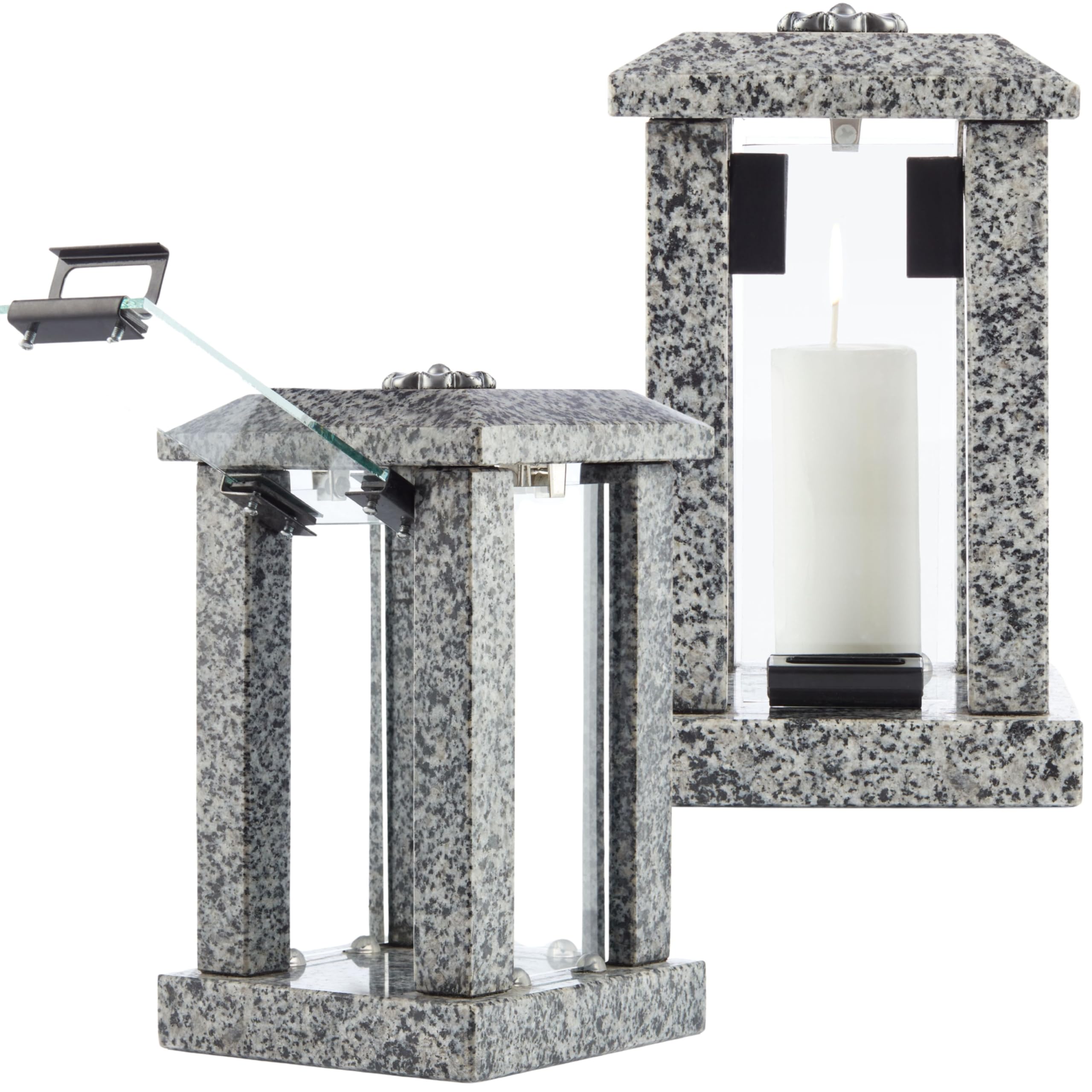 Novecrafto Large Granite Candle Lantern With Flower Ornament  H 32 CmGrey Stone Outdoor Lantern With Hinged Door & Modern Square Design from B&Q