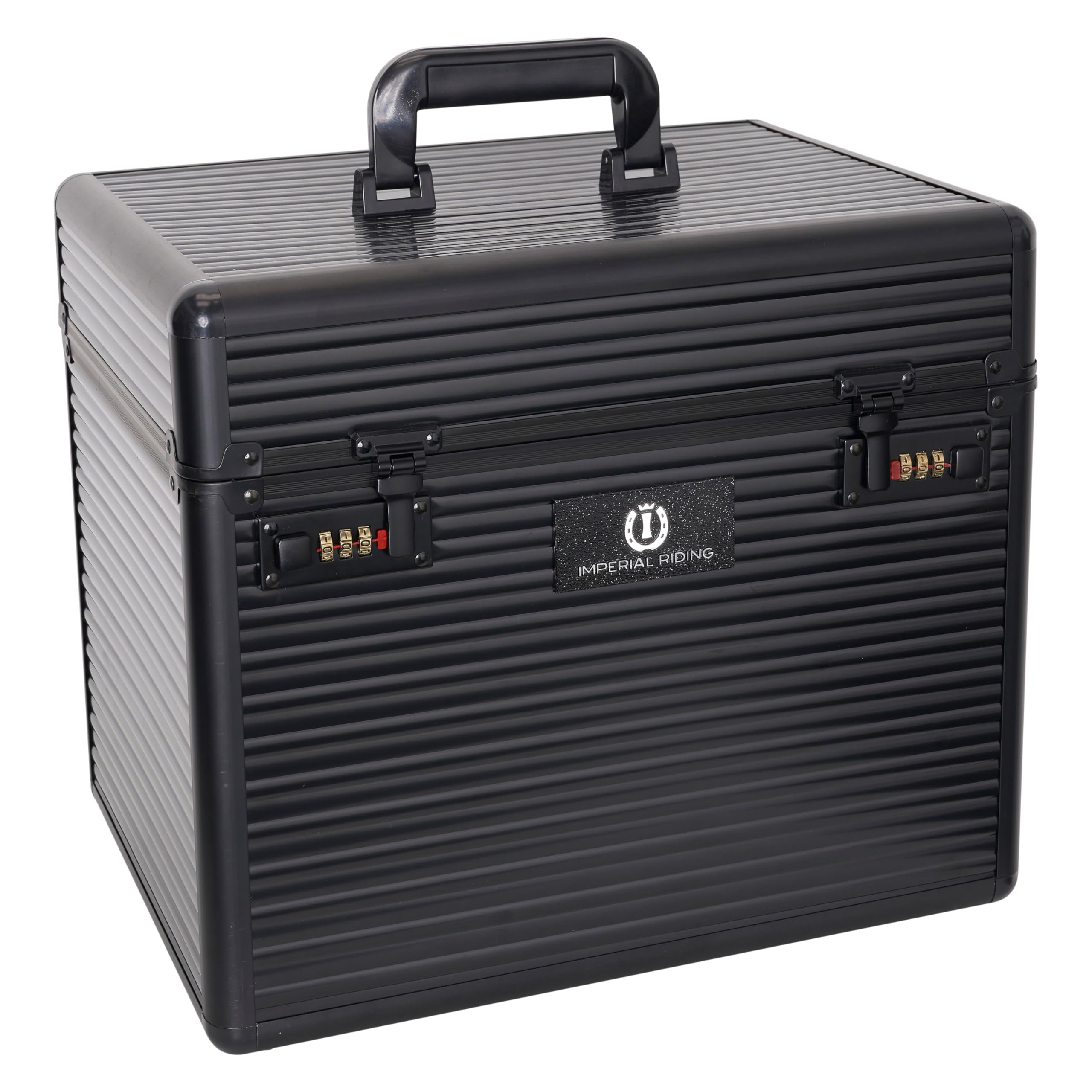 Imperial Riding Shiny Classic Putzbox, Putzkoffer mit Zahlenschloss, verstellbare Fächer, Aufbewahrungsbox für Putzzeug, mit Spiegel im Deckel, hochwertiger Putzkasten, 38x28x32cm, Schwarz