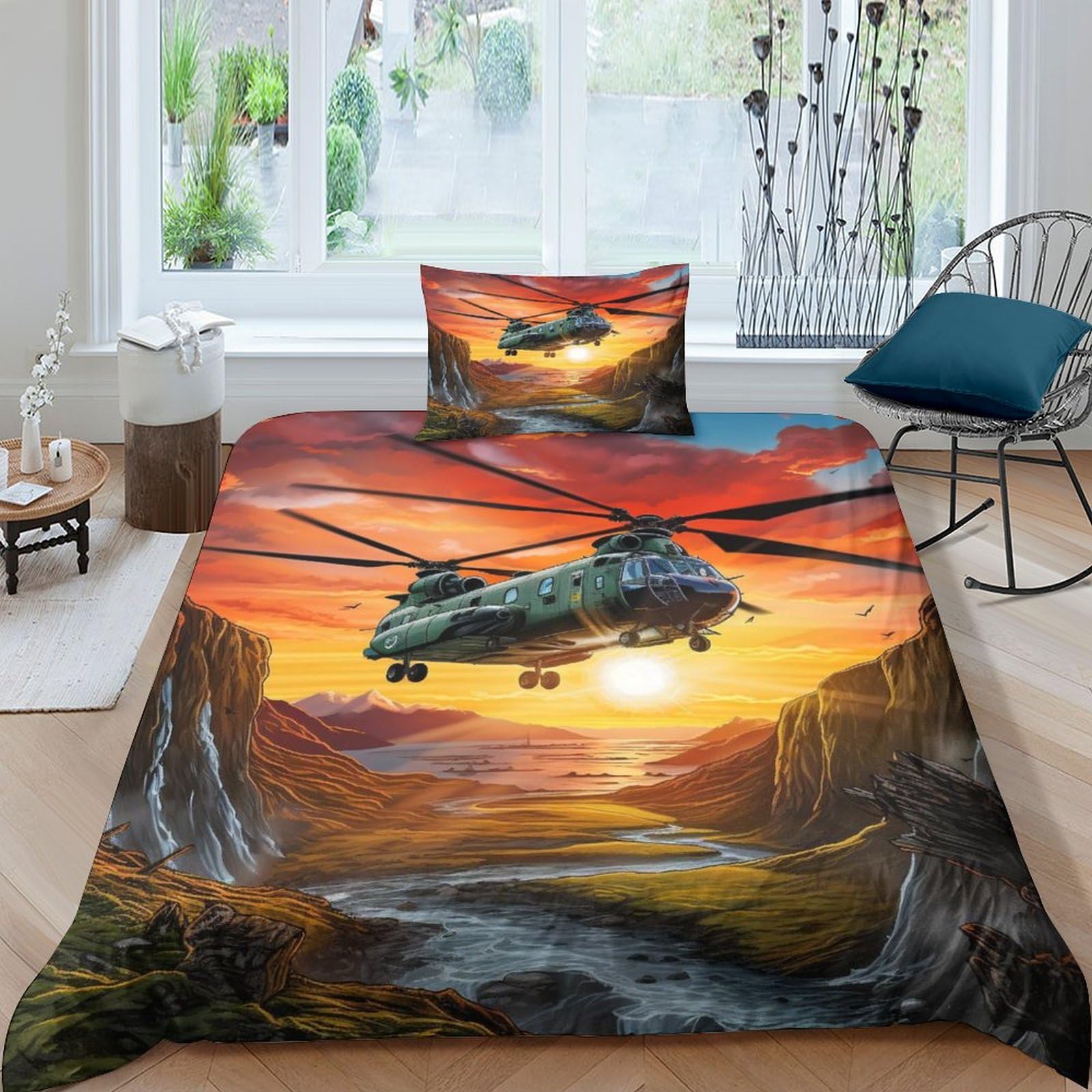 OPSREY Chinooks Cotton Duvet Cover Ivory Various Sizes Quilt Cover Bedding Set Soft & Cozy Percale Weave Helicopter Comforter Cover with Zipper Closure for Kids Adults Single（135x200cm）