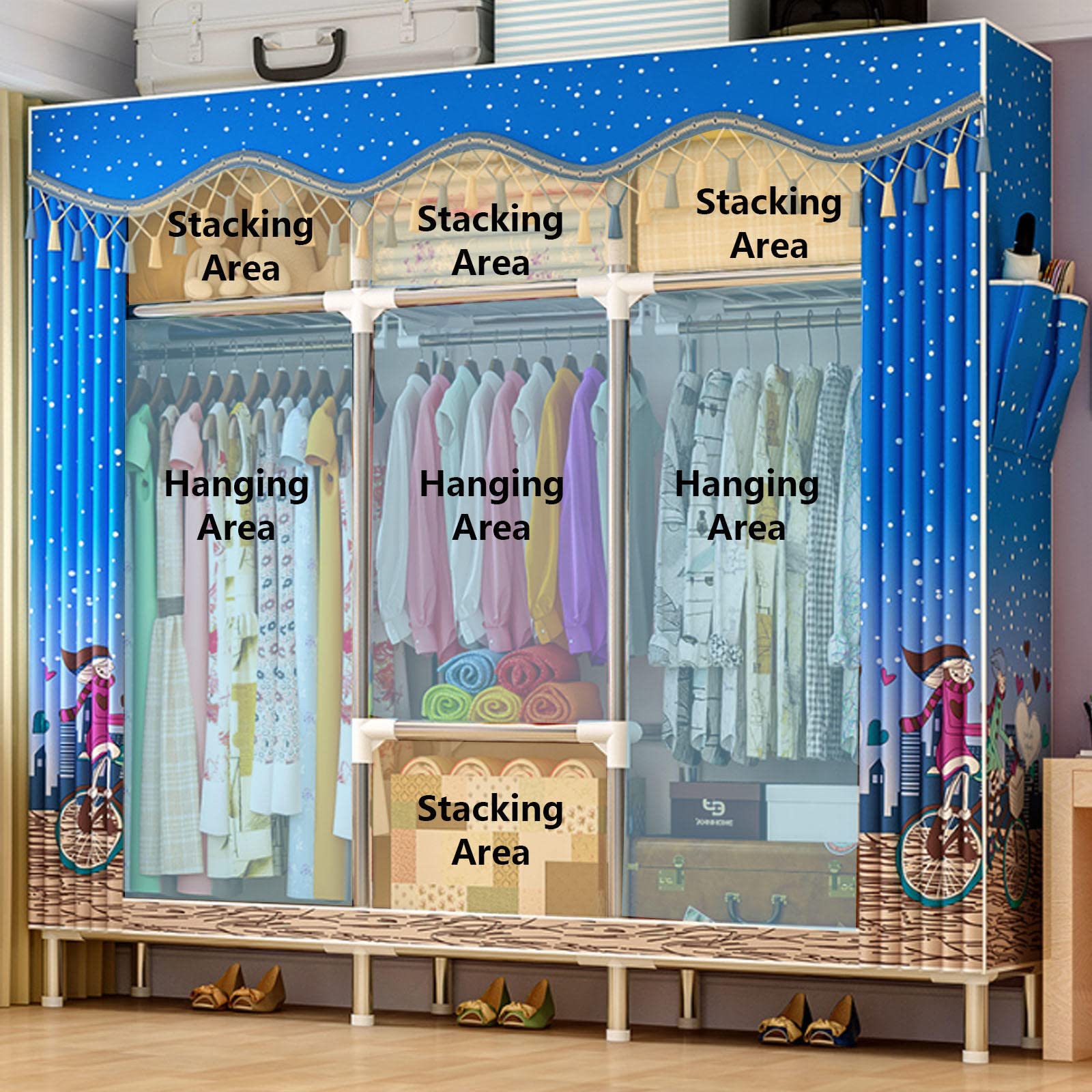 Kleiderschrank Tragbarer Kleiderschrank aus Segeltuch, Kleiderschrank-Aufbewahrungsorganisator mit Kleiderstange, Regalen, Seitentaschen, für Schlafzimmer, Wohnzimmer,E-84X46X172cm