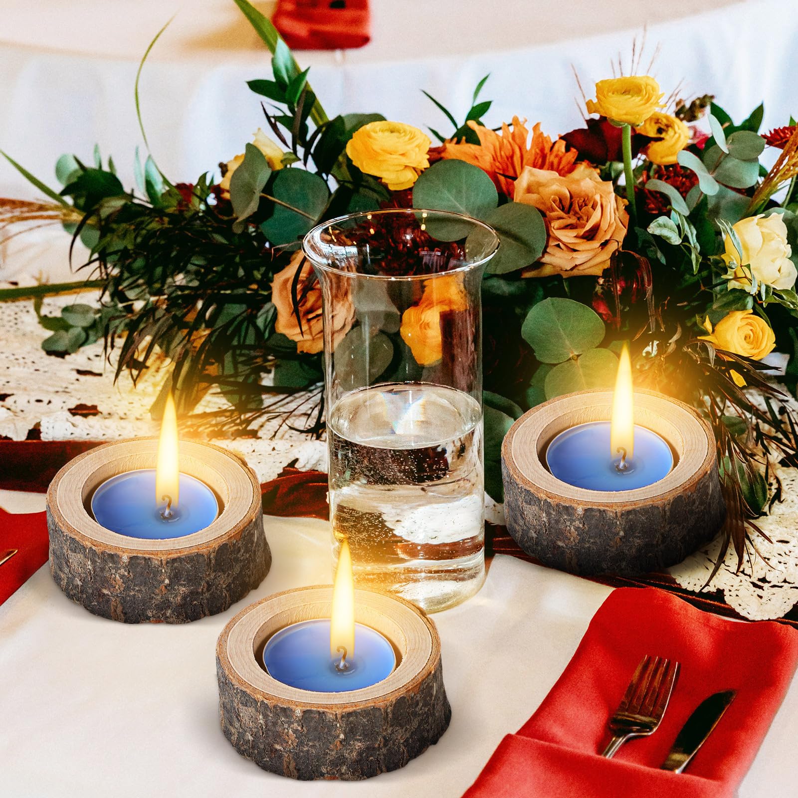 Garneck 24 Piezas Portavelas de Madera Rústica Candelabro Estable y Versátil para Velas de Té Adecuado para Mesas de Comedor y Café, Decoración Natural para Eventos