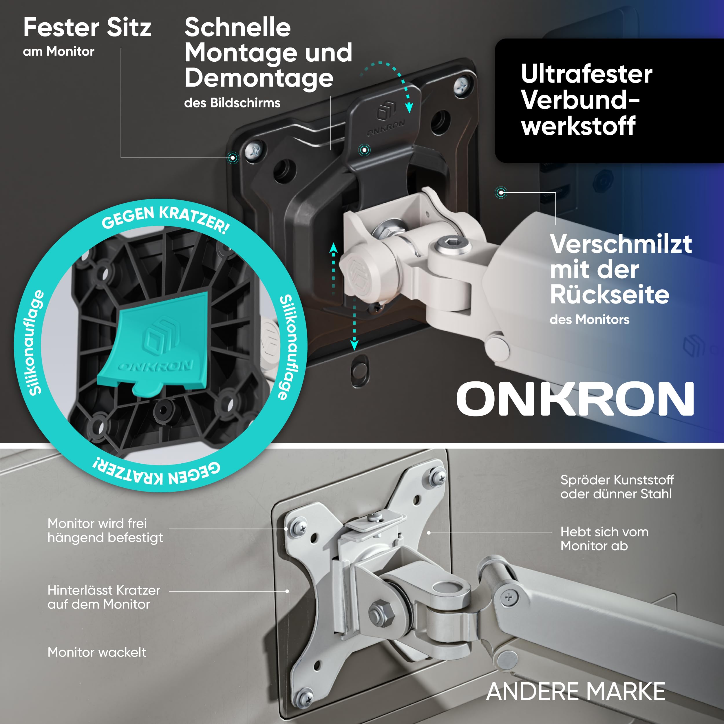 ONKRON Monitor Halterung für 13-32 Zoll Bildschirm bis 10 kg, Gasdruckfeder Arm, Bildschirmhalterung mit Schnellwechsel-VESA 75x75 & 100x100, Höhenverstellbar Schwenkbar Drehbar, Weiß G80-BW