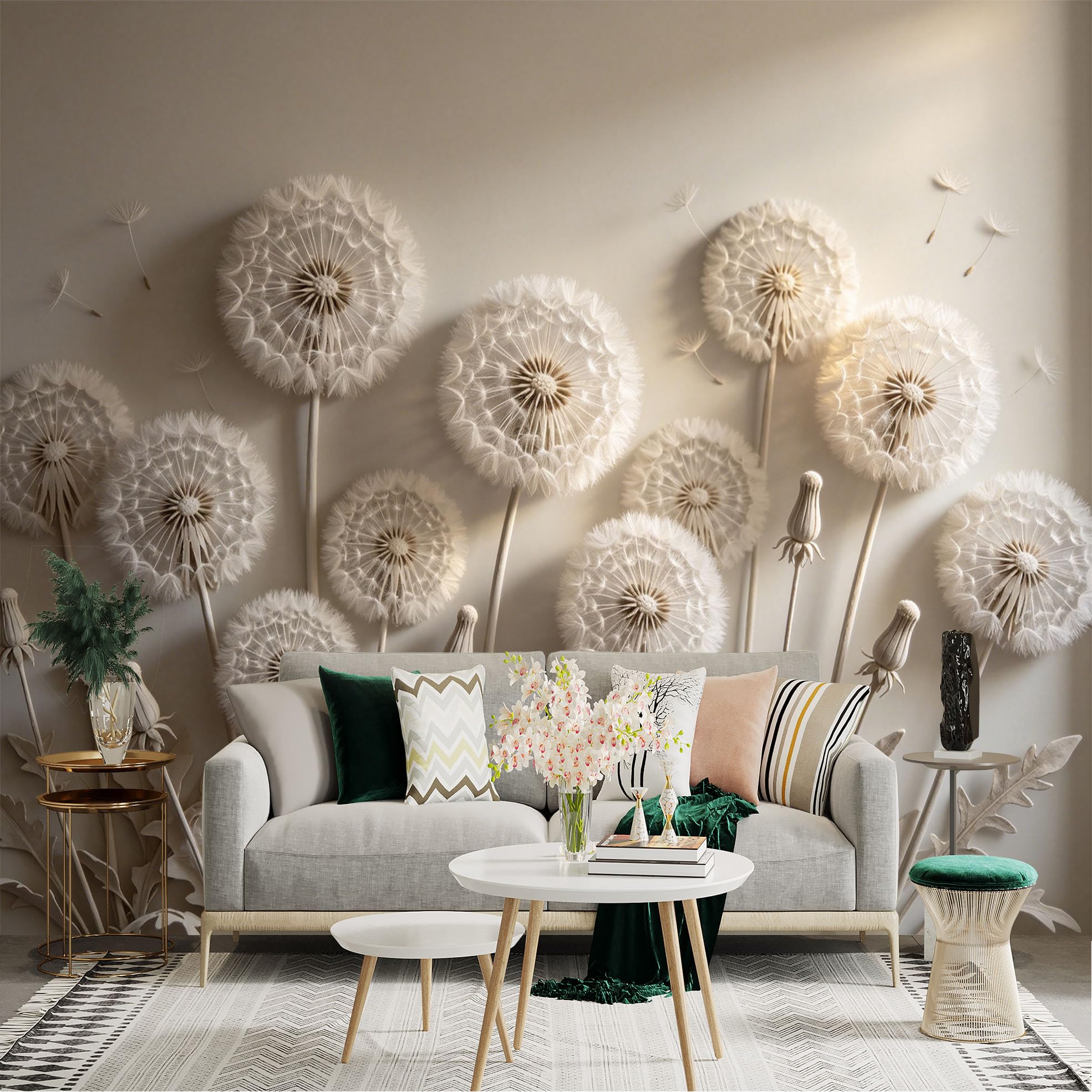 Custom Size Wall Sticker Mural， Elegant White Dandelions， Soft Floral Art， Botanical Meadow， Minimalist Nature Theme， for wall Decoration， peelandstick wall Decals.
