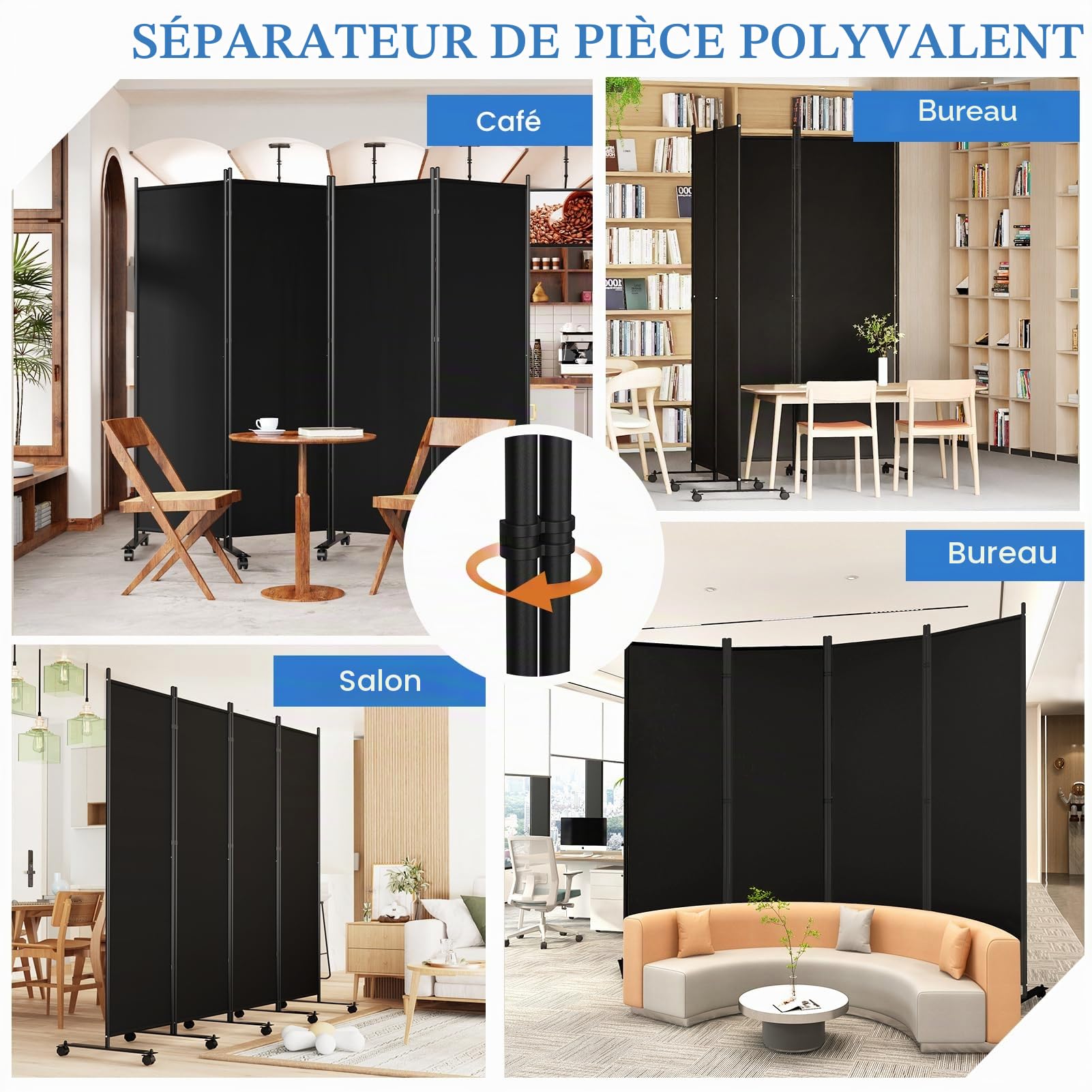 Paravent pliable à 4 panneaux avec roues verrouillables 183 cm | Cloison de séparation pour pièce - Séparateur de pièce - Séparateur mural autonome en tissu - Noir - 223,5 x 183 cm (l x H)