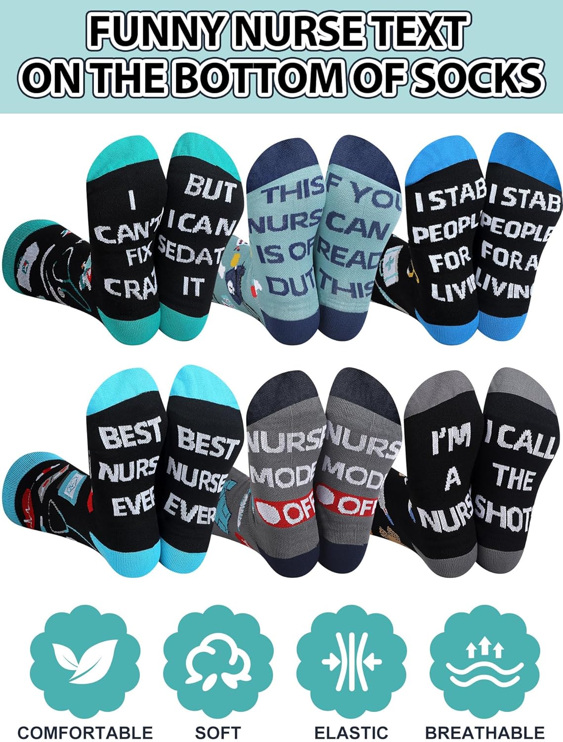 6 Pairs Novelty Nurse Socks for Men Funny Compression Cotton Crew Socks Nursing Week Gift for Nurses Medical Worker Dental Assistant - Image 3