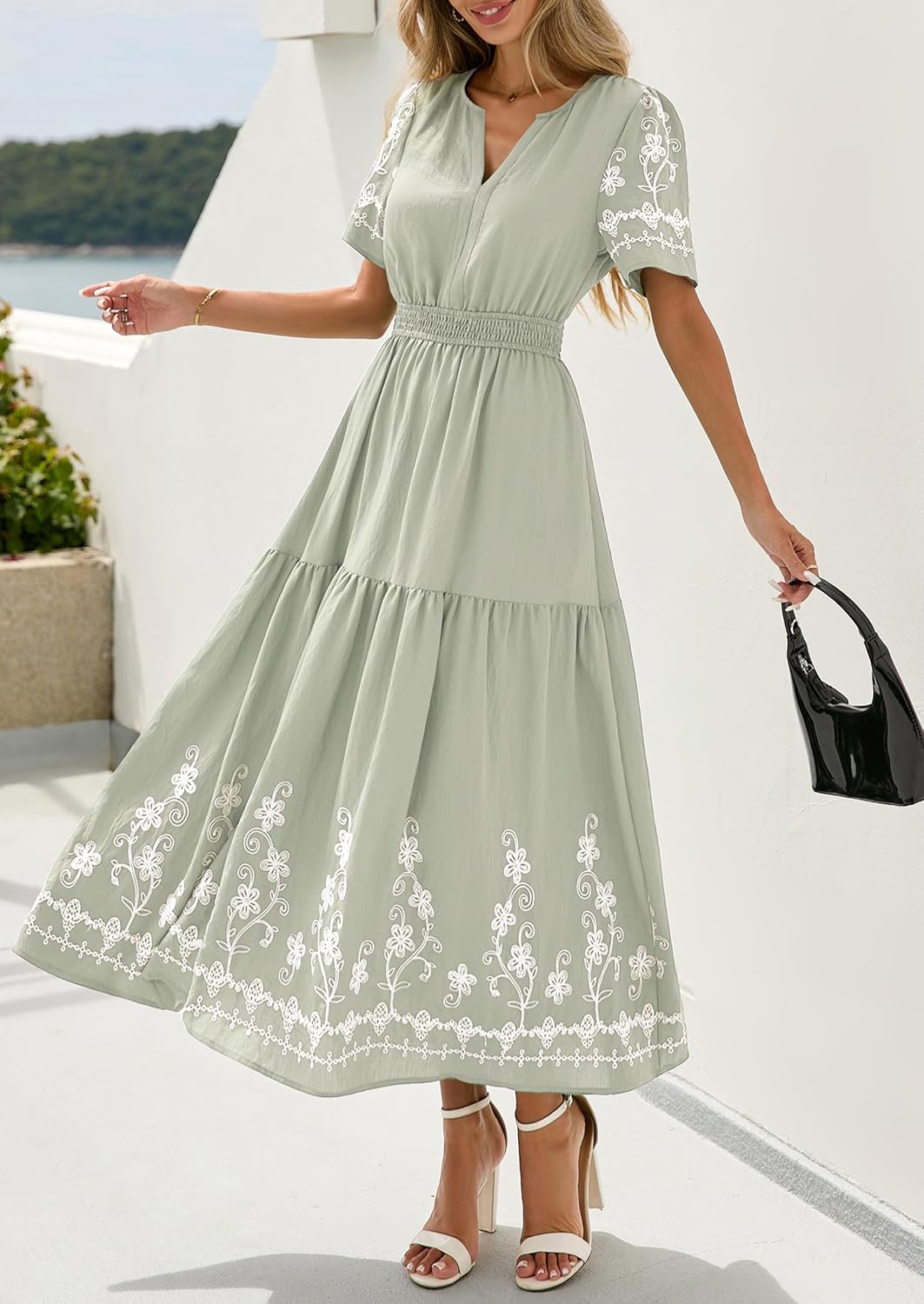 PRETTYGARDEN Women's Summer Boho Maxi Dress 2026 Spring Floral Short Sleeve V Neck A Line Flowy Beach Wedding Guest Dresses