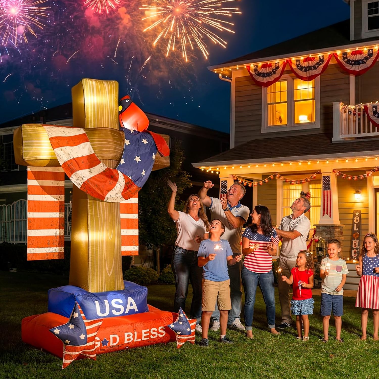 OurWarm 8 FT 4th of July Inflatables Outdoor, Vintage Patriotic Inflatables Cross with Cardinal American Flag & Stars, Fourth of July Inflatable with LEDs for Yard Lawn 4th of July Decorations Outdoor