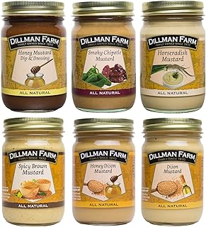 Dillman Farm All Natural Gourmet Mustard Variety Pack (6 pack) |Honey Mustard, Smoky Chipotle Mustard, Horseradish Mustard, Spicy Brown Mustard, Honey Dijon Mustard, Dijon Mustard| - Gluten-Free, Non-GMO, Vegan, Kosher, Eco-Friendly, Preservative Free, Corn Syrup Free - Made in USA, 13 oz (Pack of 6)
