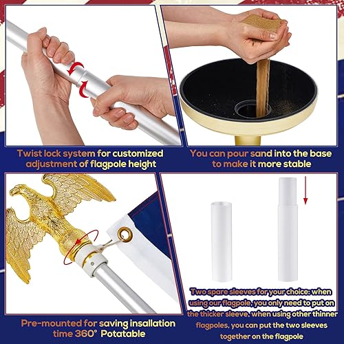 Miniatura 9 de Shimeyao Juego de 2 mástiles de bandera para interiores de 8 pies con base y decoración de águila de alta resistencia con soporte de bandera para