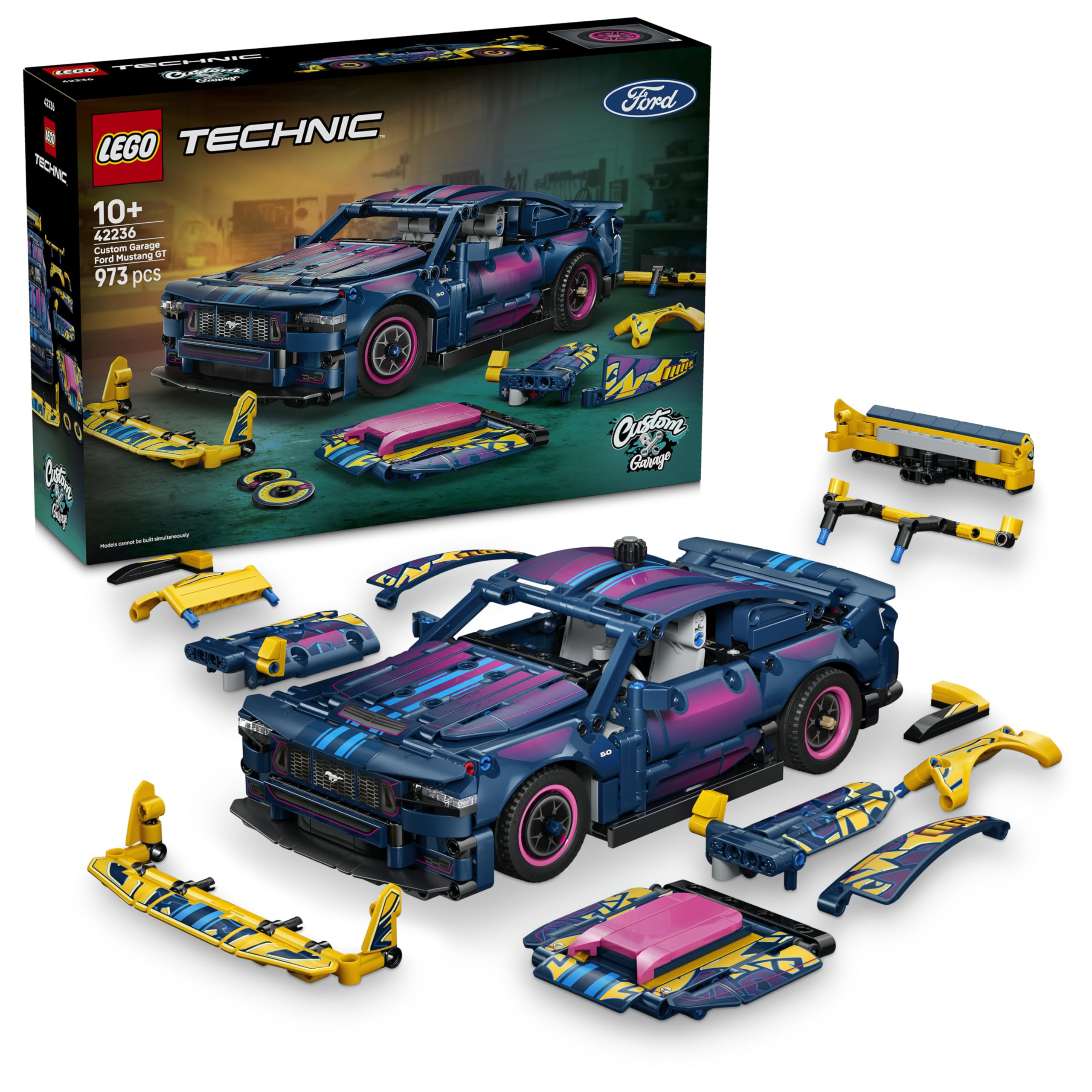 LEGO Technic Custom Garage Ford Mustang GT Car Toy - Model Kit w/ V8 Engine, HOG Steering & Swappable Body Parts - Birthday Gift Idea for 10+ Year Old Boys - 42236
