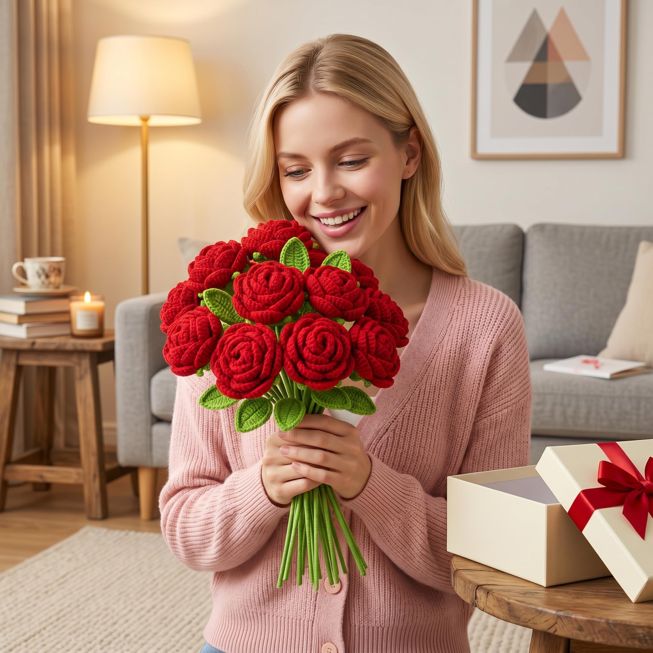 Rosas de Ganchillo, 10 Uds., Ramo de Flores de Punto, Rosas Rojas de Lana Hechas a Mano, Belleza y Amor eternos, Ideal para mamá, Hermana, Amigas, Novia