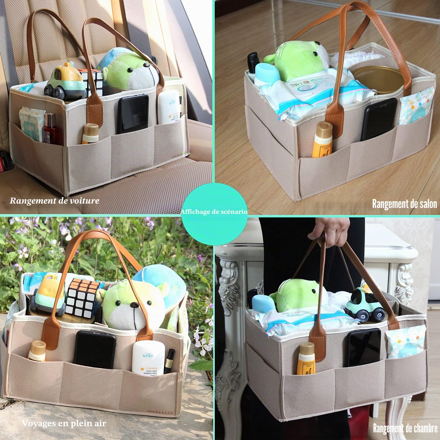 Panier à couches pour bébé - Portable - Rangement Bin - Grand sac de maternelle avec compartiments interchangeables pour commode à langer, anneau de dentition, couche, meilleur cadeau (beige)