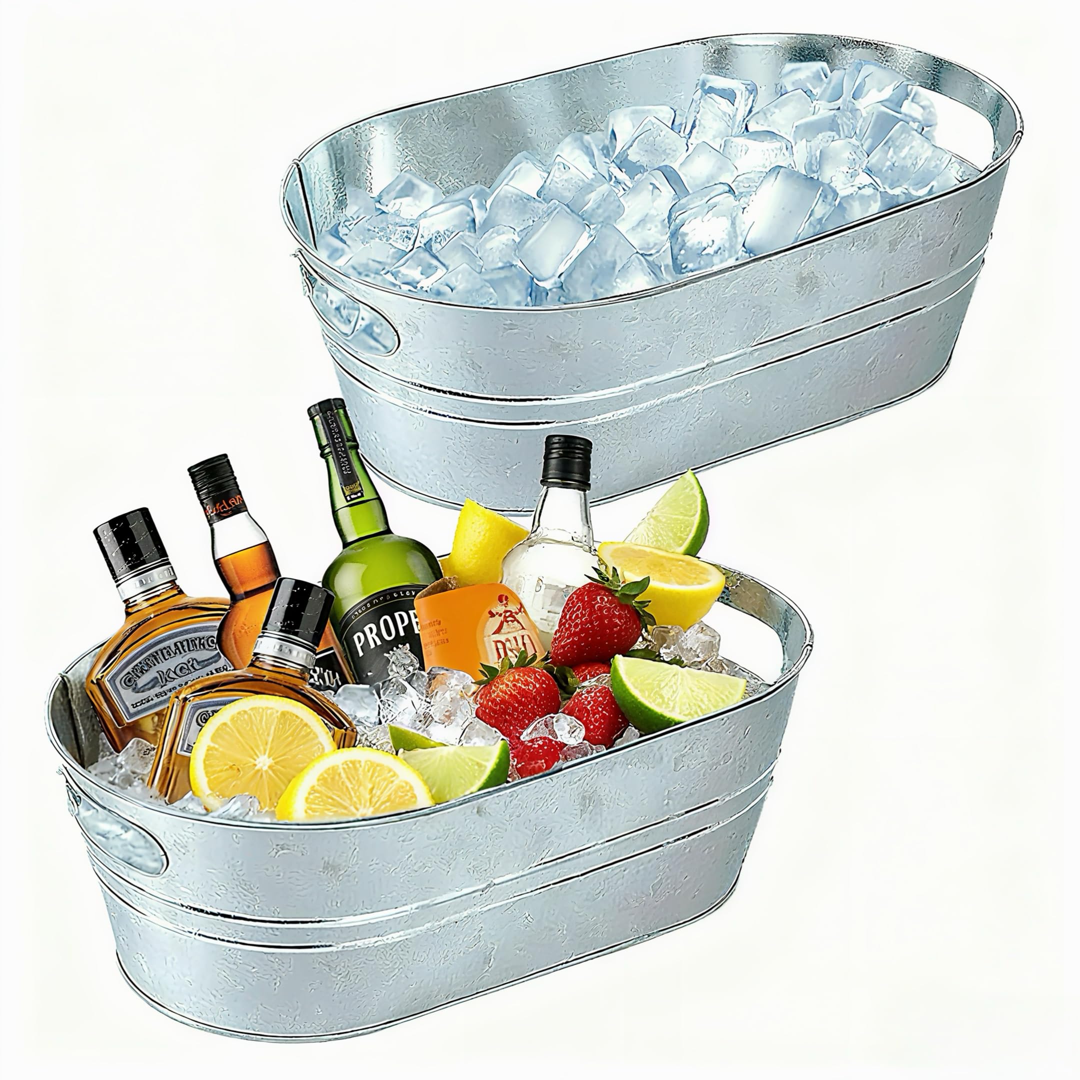 2-Pack Extra Large 14L Ice Buckets with Handles - Galvanized Steel Beverage Tubs for Champagne, Beer, Cocktails - Rustic Industrial Drink Tub for Mimosa Bar, Wedding, Backyard Parties