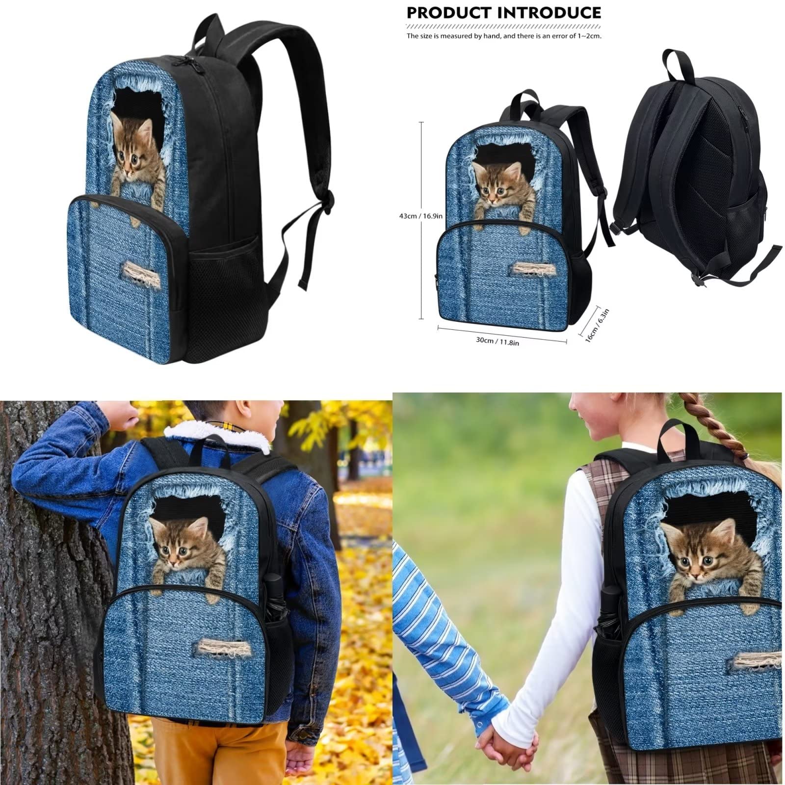 POLERO Mochila escolar de caballos para niños, juego de bolsas de almuerzo, estuche para lápices, 3 piezas, bolsas escolares, gato, Talla única, Mochila infantil