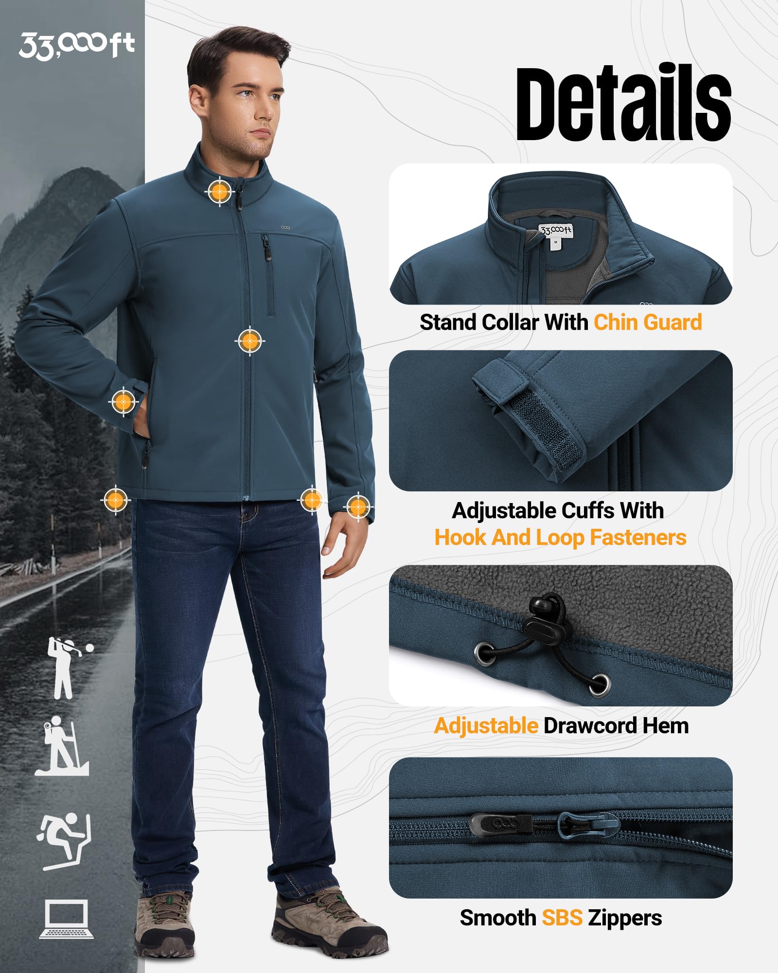 33,000ft Softshelljacke für Herren Wasserdichte Übergangsjacke Fleece Gefütterte Winddichte Outdoorjacke Funktionsjacke für Outdoor Freizeit