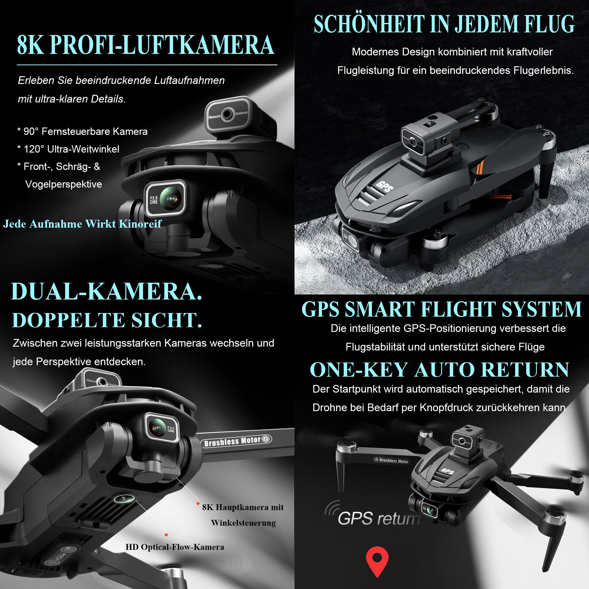 Caracen V168 Pro Max 8K Kamera FPV Drohne mit LCD Fernbedienung, für Anfänger geeignet, mit Automatischer Rückkehr, GPS, Follow Me, 5G Echtzeitübertragung (1 Batterie)