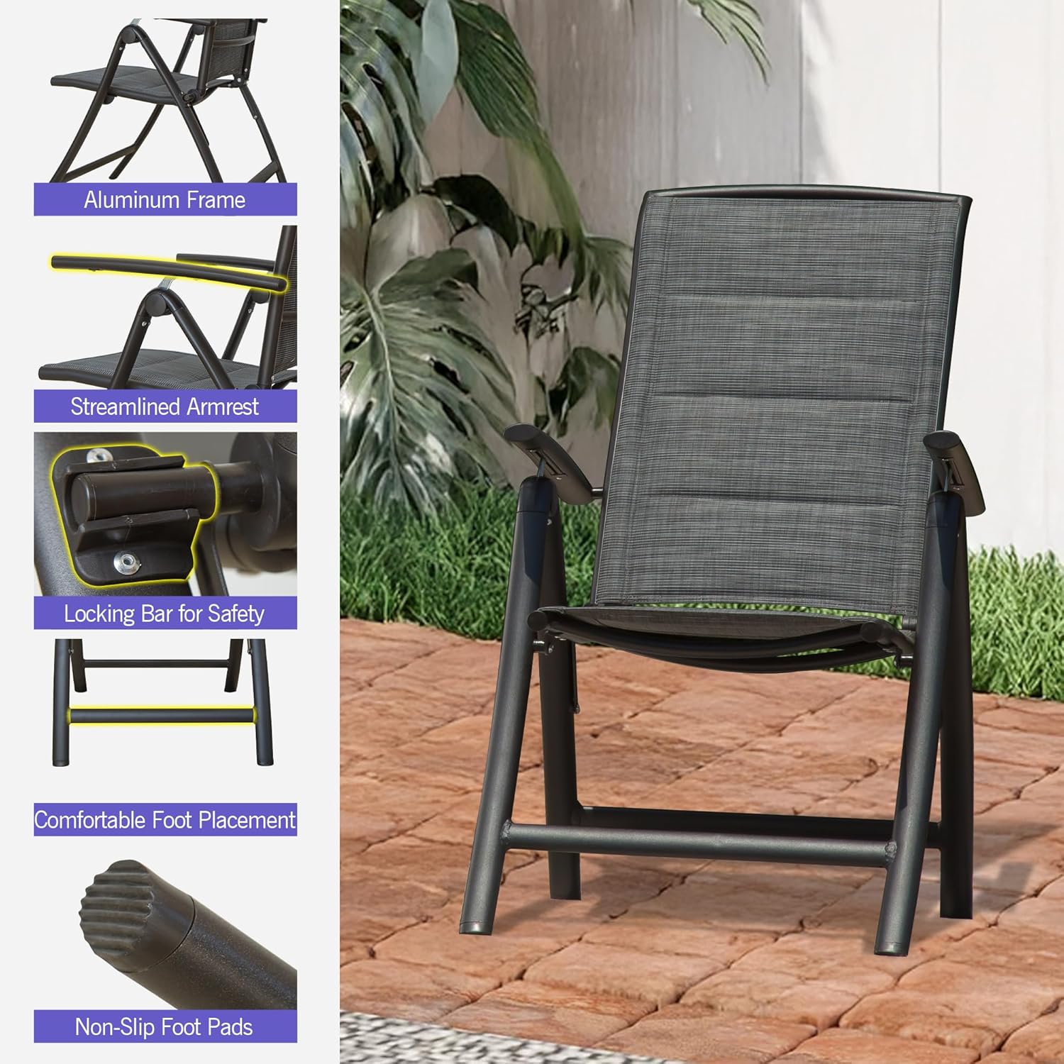 Domi Folding Patio Chairs Set of 2, Aluminium Frame Reclining Sling Lawn Chairs with Adjustable High Backrest, Patio Dining Chairs for Outdoor,Porch,Balcony (Double-Layered Textilene Fabric)