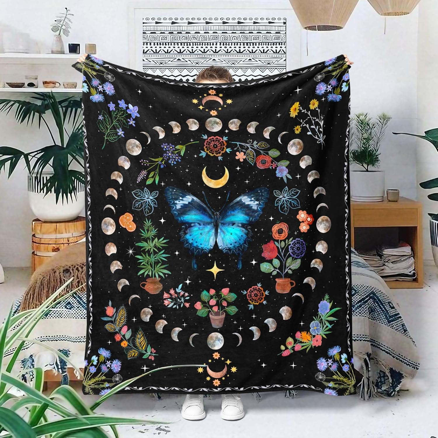 Lifeel Blue Butterfly Moon Flower Fleece Throw Blanket, Botanical Floral Plant Boho Cozy Decor Nap Blankets for Sofa Bed Couch Chair or Dorm Throws 68×90 inch