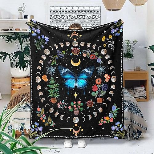 Miniatura 8 de Lifeel Manta de forro polar con diseño de mariposa y luna naranja, diseño botánico floral bohemio, acogedora decoración para siesta para sofá, cama,
