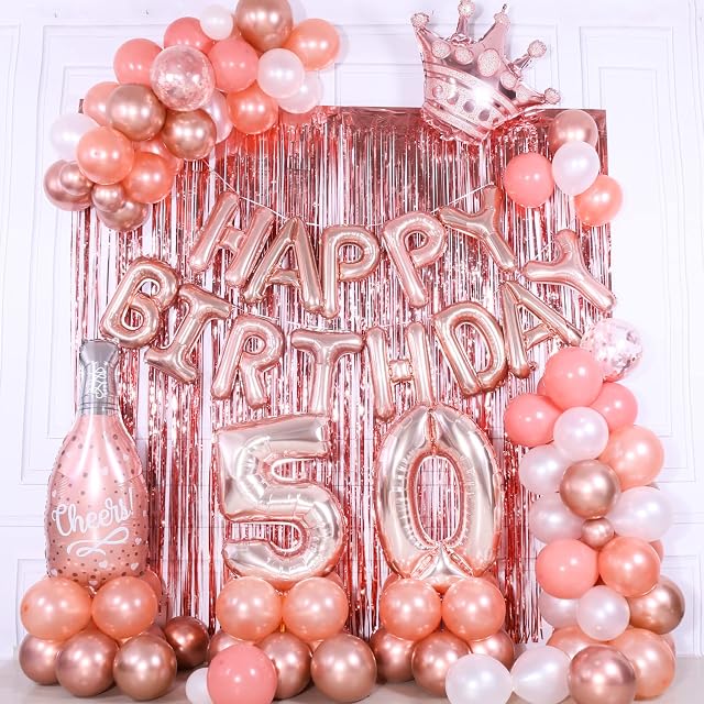 Rose Gold 50th birthday decorations for women, 40in 50th Birthday Balloons, 50th Happy Birthday Balloon Banner, Rose Gold Balloon Arch Kit Fringe Curtains Party Decorations Pink White Balloons