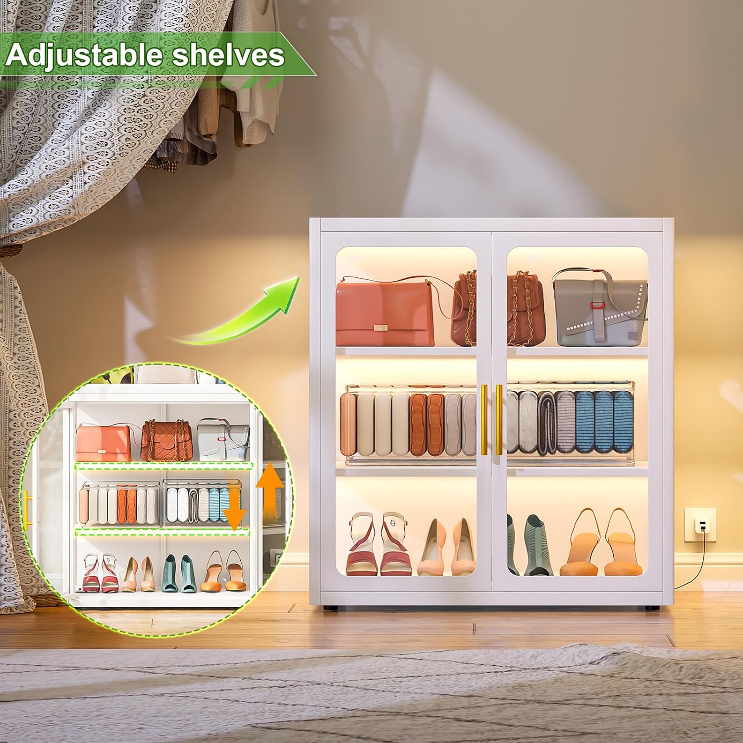 34" Tall Display Cabinet with Glass Doors, RGB LED Ambient Lights, 2 Adjustable Shelves Curio Cabinet for Collectibles, Books, Bags, Toys, Glass Display Case, Storage Cabinets, White