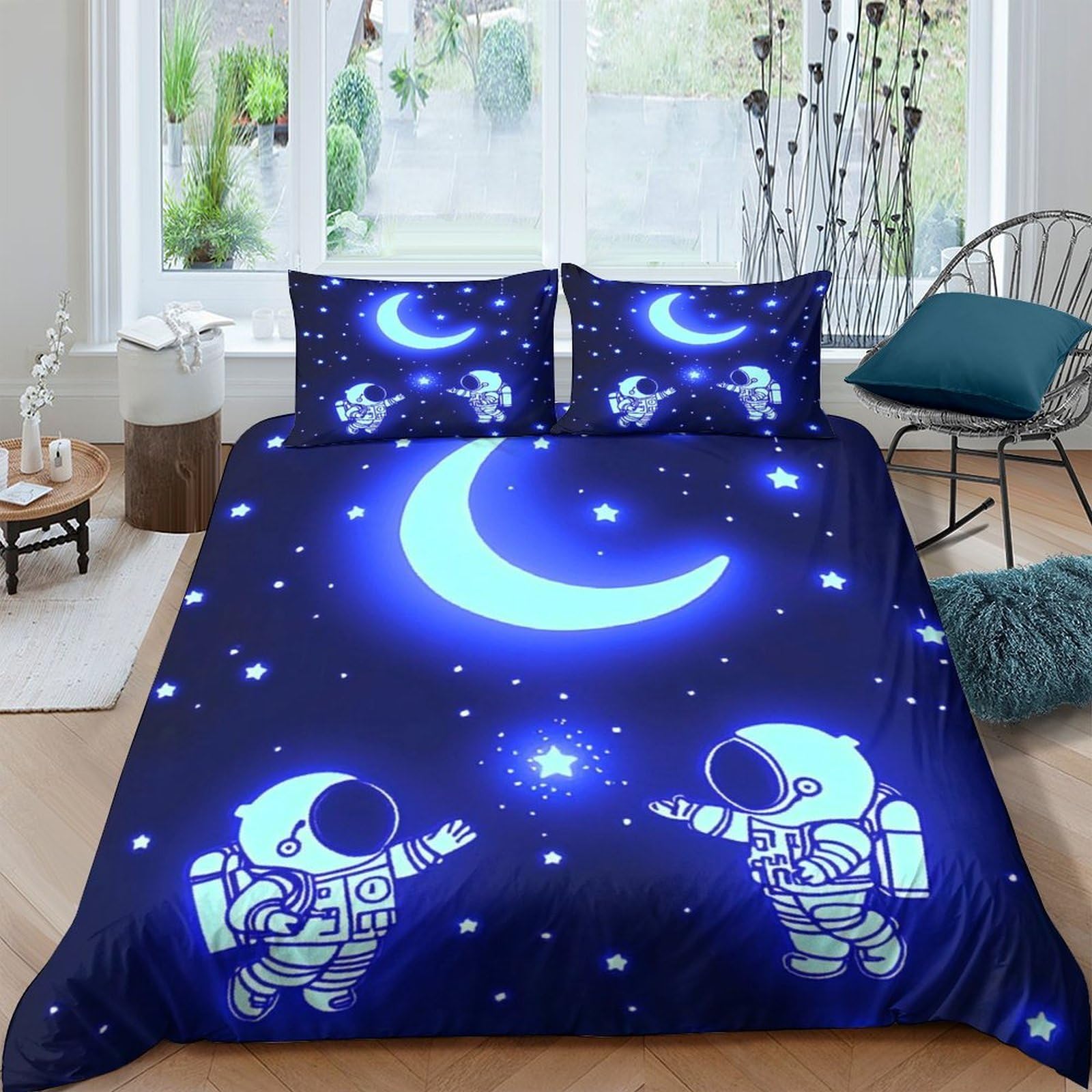 Ctjqhvkz Style-3 3D Printed Astronaut Moon Fitted Sheet Microfiber Soft Dark Blue Starry Sky Mattress Cover Bedroom Decor Single（135X200cm）