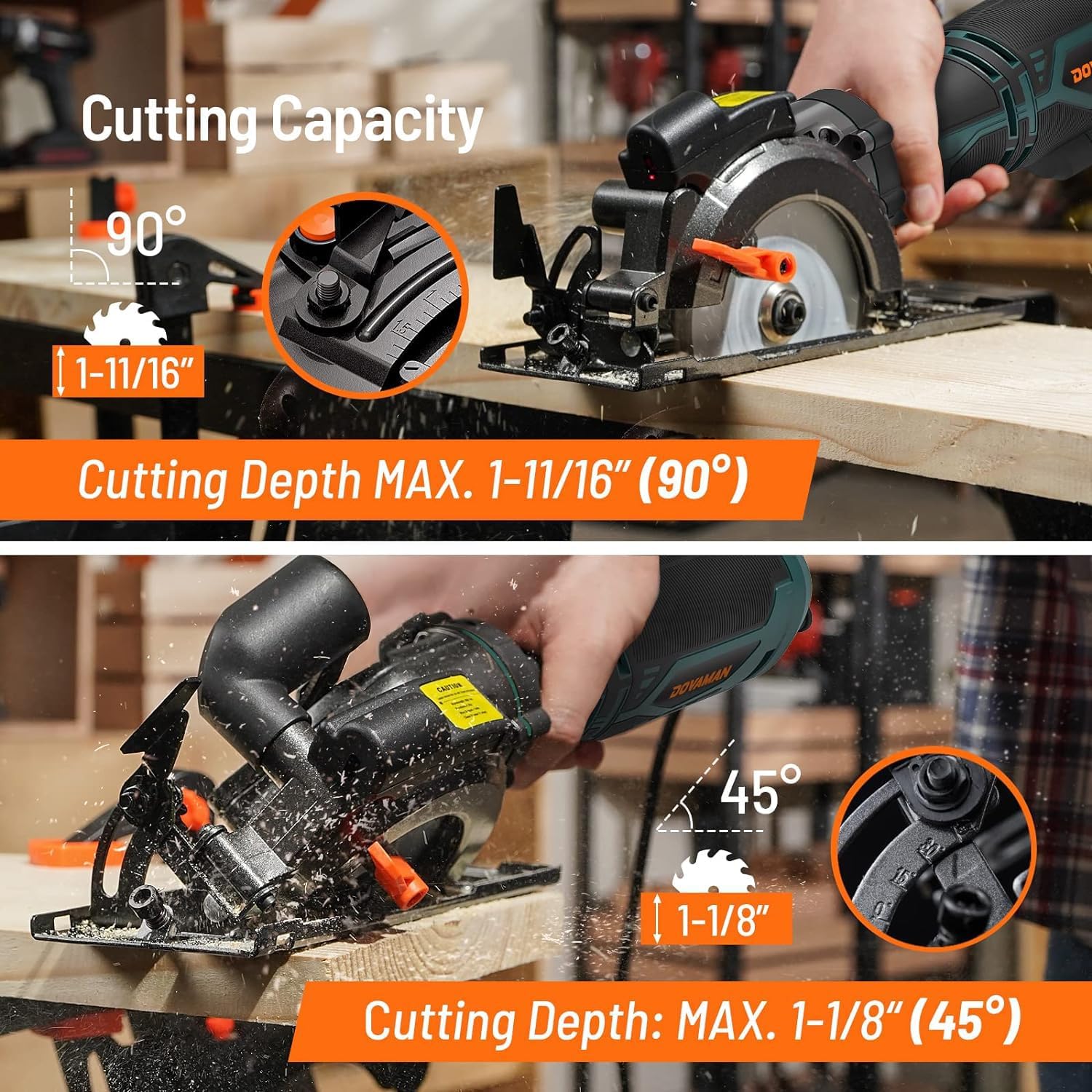DOVAMAN Circular Saw, 5.8A 4-1/2" Circular Saw w/Laser, Metal Auxiliary Handle, 6 Blades (4½", 4¾"), Cutting Depth 1-11/16" (90°), 1-3/8" (45°), Ideal for Wood, Soft Metal, Plastic, Tile - MCS01A
