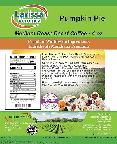 Pumpkin Pie Café descafeinado de tostado medio (Gourmet, con sabor natural, granos de café enteros) (4 oz, ZIN 556696) - Paquete de 3